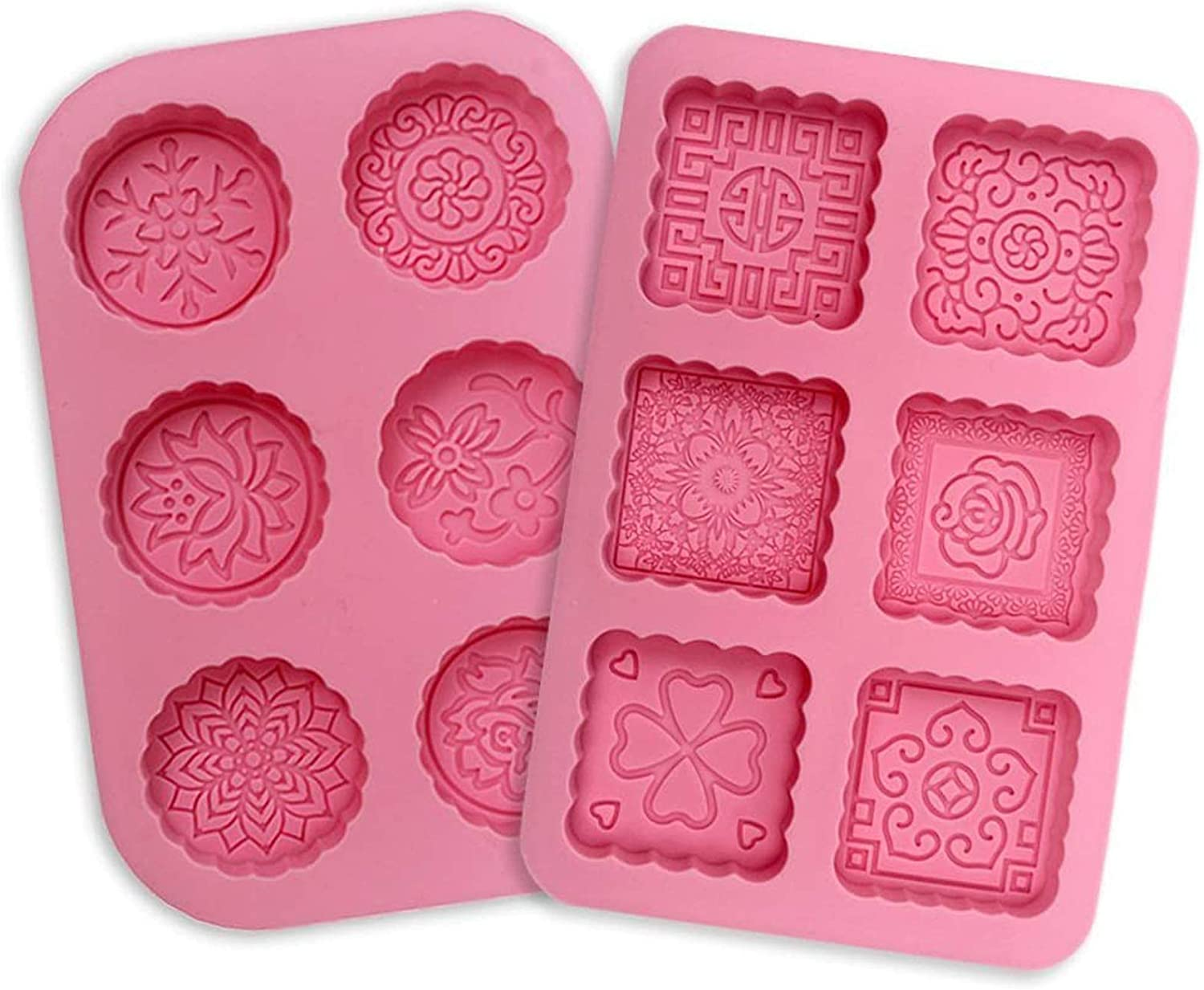 Soap Mold Silicone for Soap Making 2 Pcs, 6 Cavity Cupcake Mold round and Square Mooncake Pattern for DIY Handmade Craft (Pink) image number 2