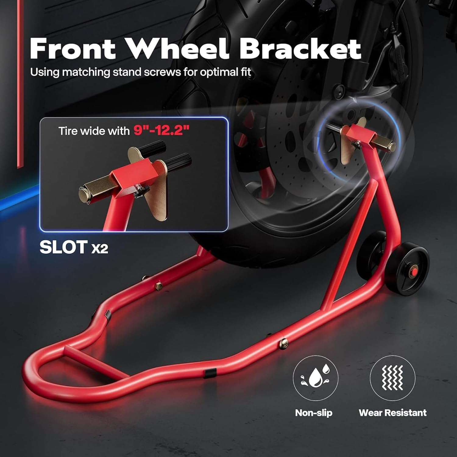 Motorcycle Stand Lift,500Kg Heavy-Duty Motorcycle Front Rear Combo Wheel Lift Stand U+L, Sport Bike Motorcycle Wheel Fork Stand with Adjustable Swing Arm Spool, for Most Motorcycles,Red image number 3
