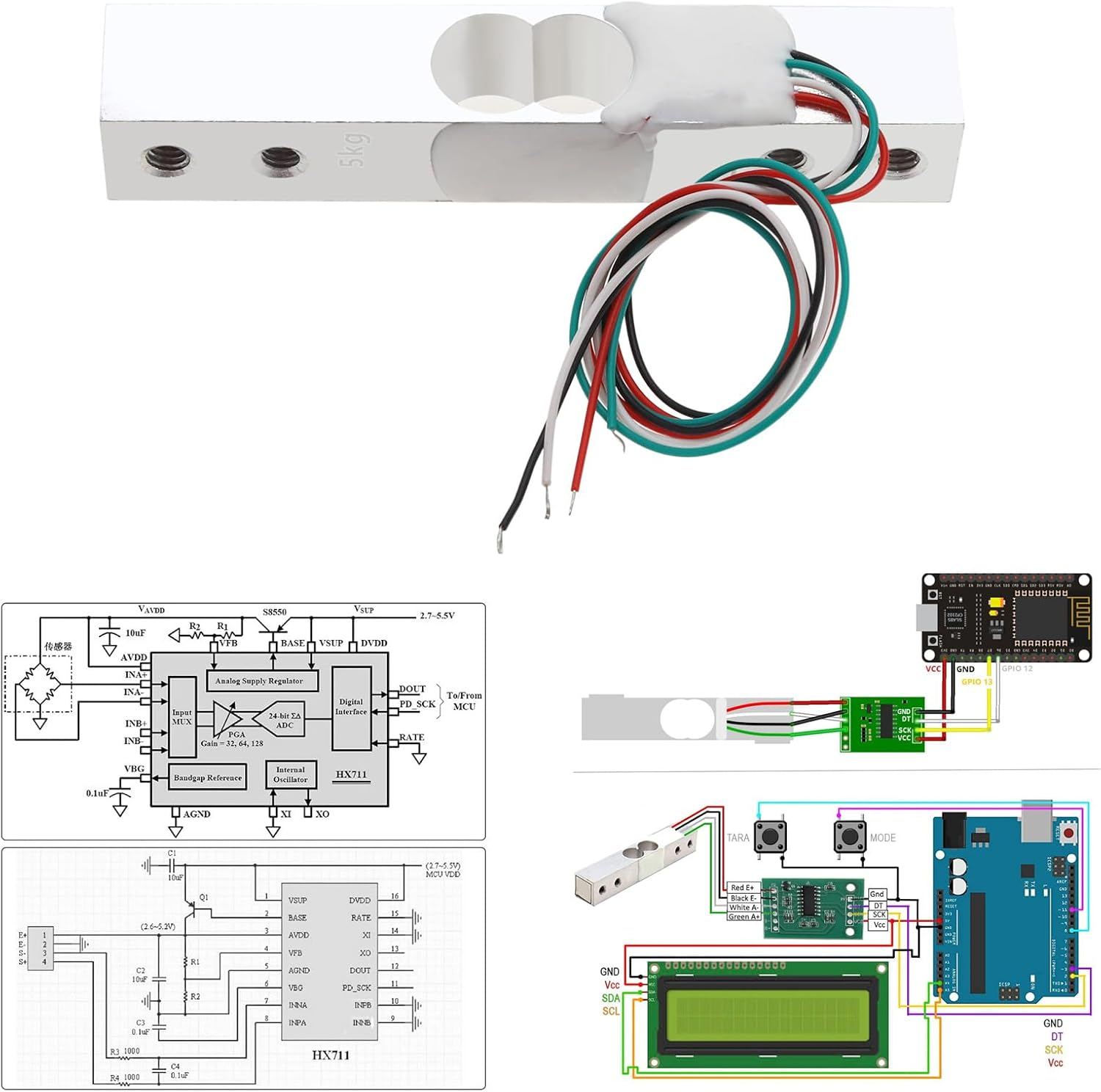Portable Kitchen Scale Digital Weight Sensor Amplifier HX711 ADC Small Range Module Pressure Weighing Sensor Combo Kit Load Cell 5Kg image number 3