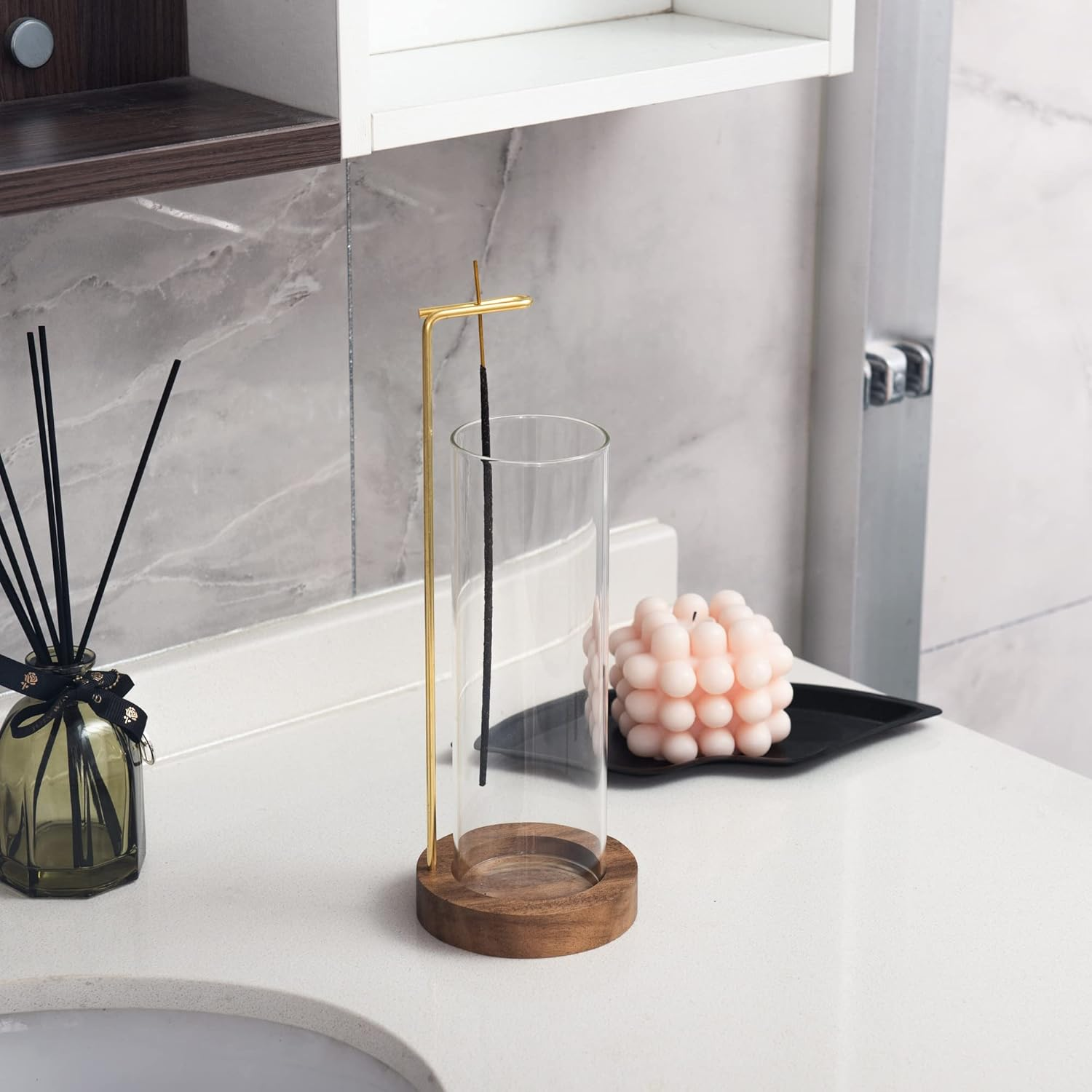 IMEEA Incense Holder for Sticks Wooden Incense Burner with Glass Ash Catcher & Brass Incense Stick Holder for Home Decor Yoga Spa Meditation (Round) image number 5