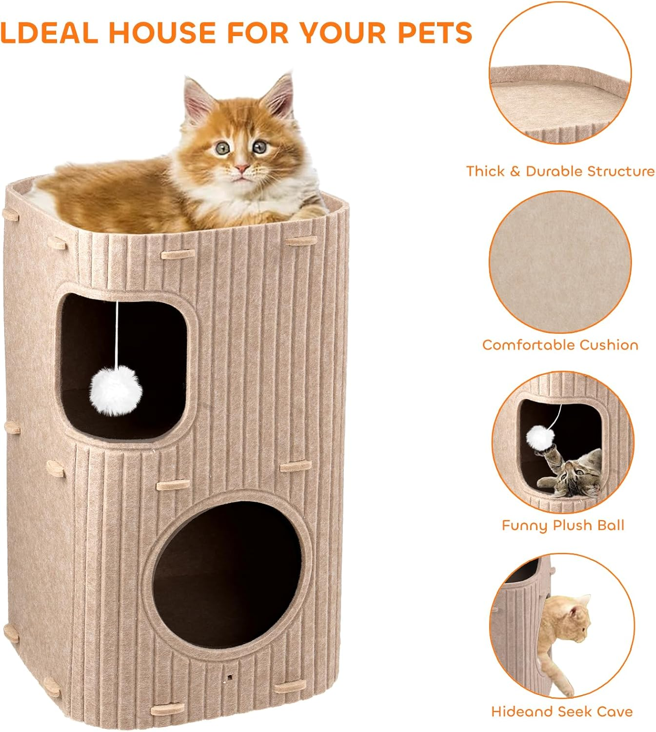 Cat House for Indoor, 2-Tier Cat Cave Beds, Pet Cat House Foldable, Hideaway Cube with Scratch Pad, Ball Hanging and Cushions, for Multi Small Pet Kitten image number 4
