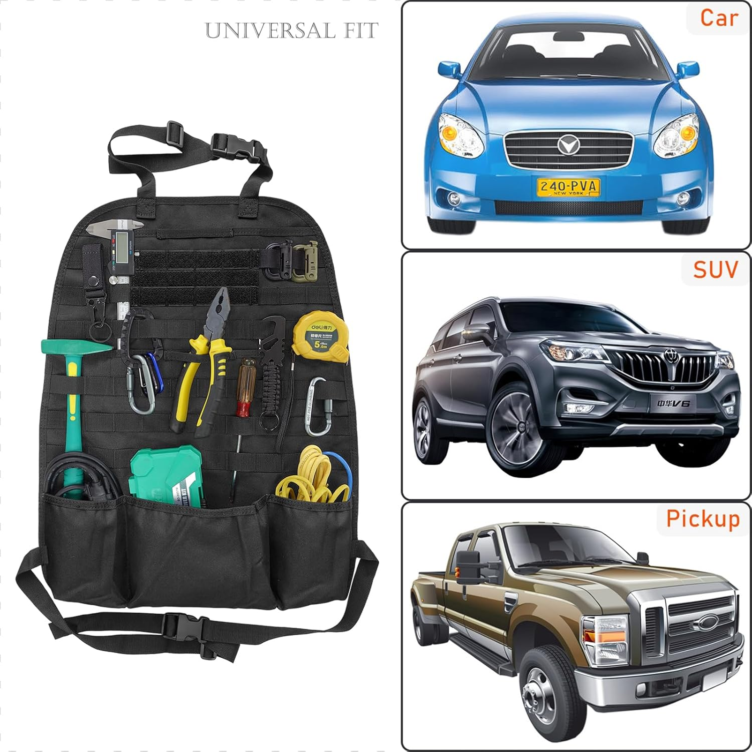 Molle Car Seat Organiser - Tactical Car Seat Back Organizer with 1 Molle Panel + 2 Molle Pouches (Style I) image number 4