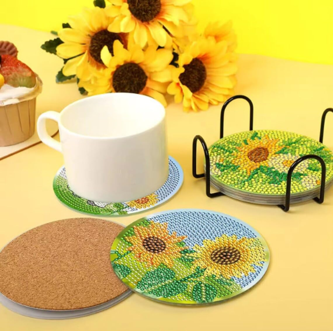 8Pcs 5D Diamond Painting Sunflower Gnome Coasters DIY Summer Kit with Holder image number 4