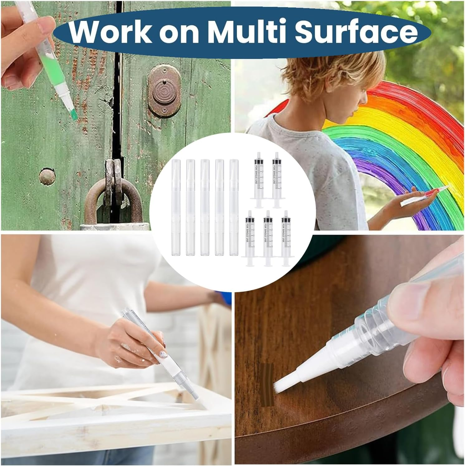 Touch up Paint Pen, 5 Pcs Pen with 5 Pcs Touchup Syringe, House Drywall Repair Brush Kit, Refillable for Windows, Wall, Wood Floors, Furniture, Cabinets, Doors image number 1