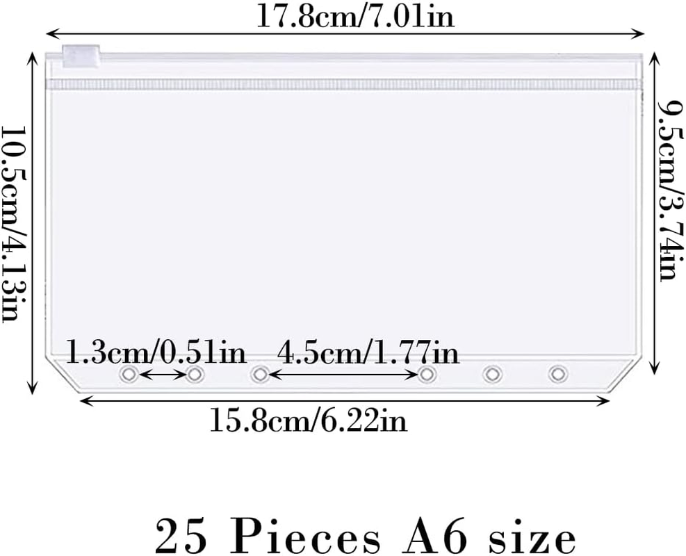 25Pcs A6 Binder Pockets, Betterjonny 6 Holes Zipper Cash Envelopes Clear Pouch Folders Waterproof PVC Document Pouch Filing Bags for 6-Ring Budget Binder Notebook Loose Leaf image number 5