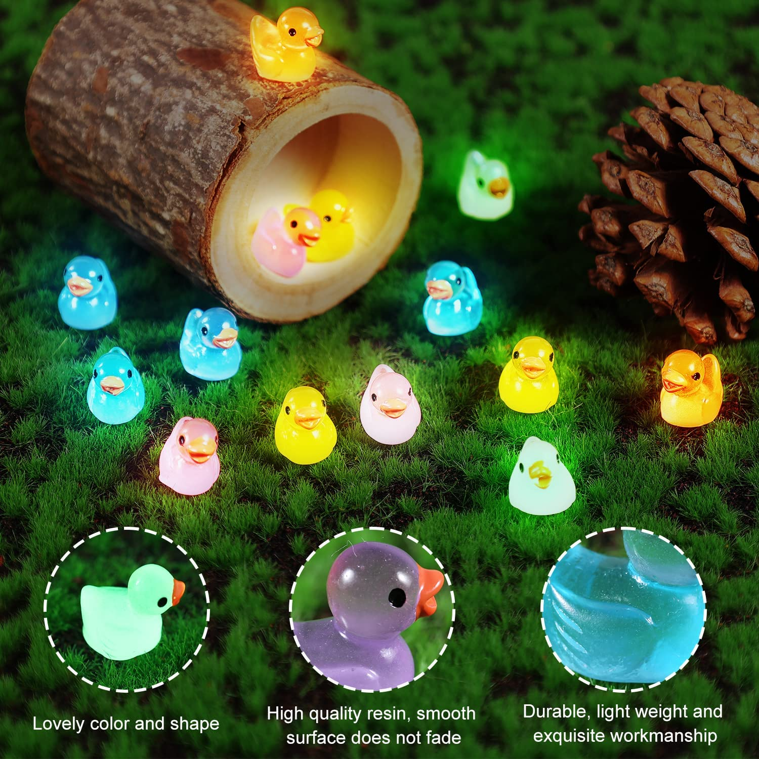 LUTER 100Pcs Mini Luminous Resin Ducks, Tiny Ducks Miniature Figures for Aquarium Garden Landscape Dollhouse Ornament Potted Decorations DIY (Multicolored) image number 4