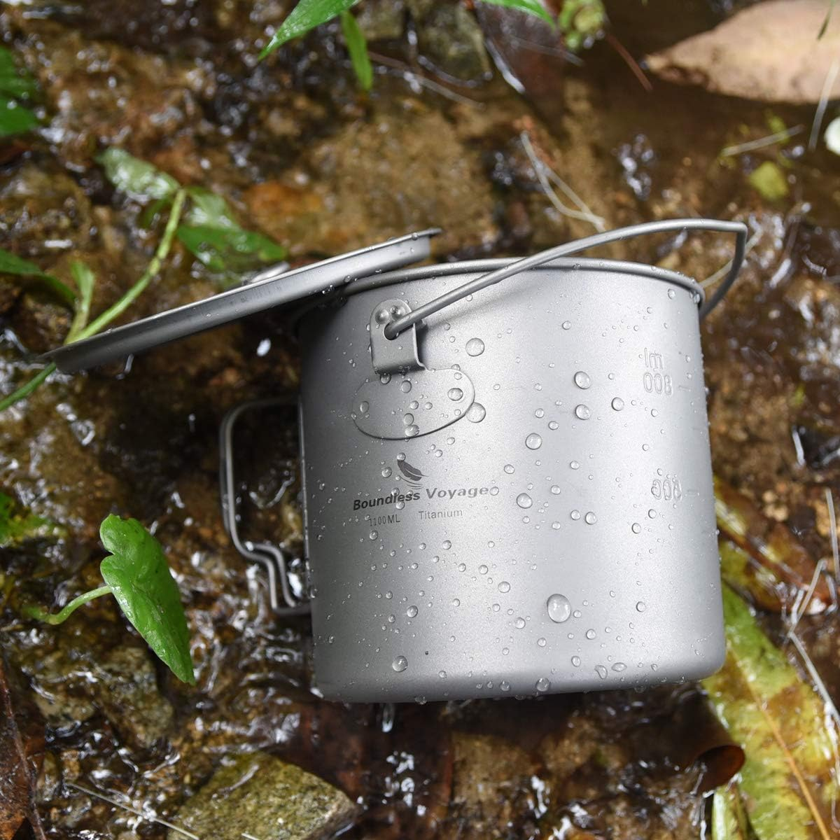 Boundless Voyage Titanium Pot Cup Mug with Lid Storage Bag Pot Set Collapsible Folding Handle Camping Hiking Picnic Ultralight Portable Tableware Cookware Drinkware Big Capacity (Ti15109B 1100Ml) image number 2