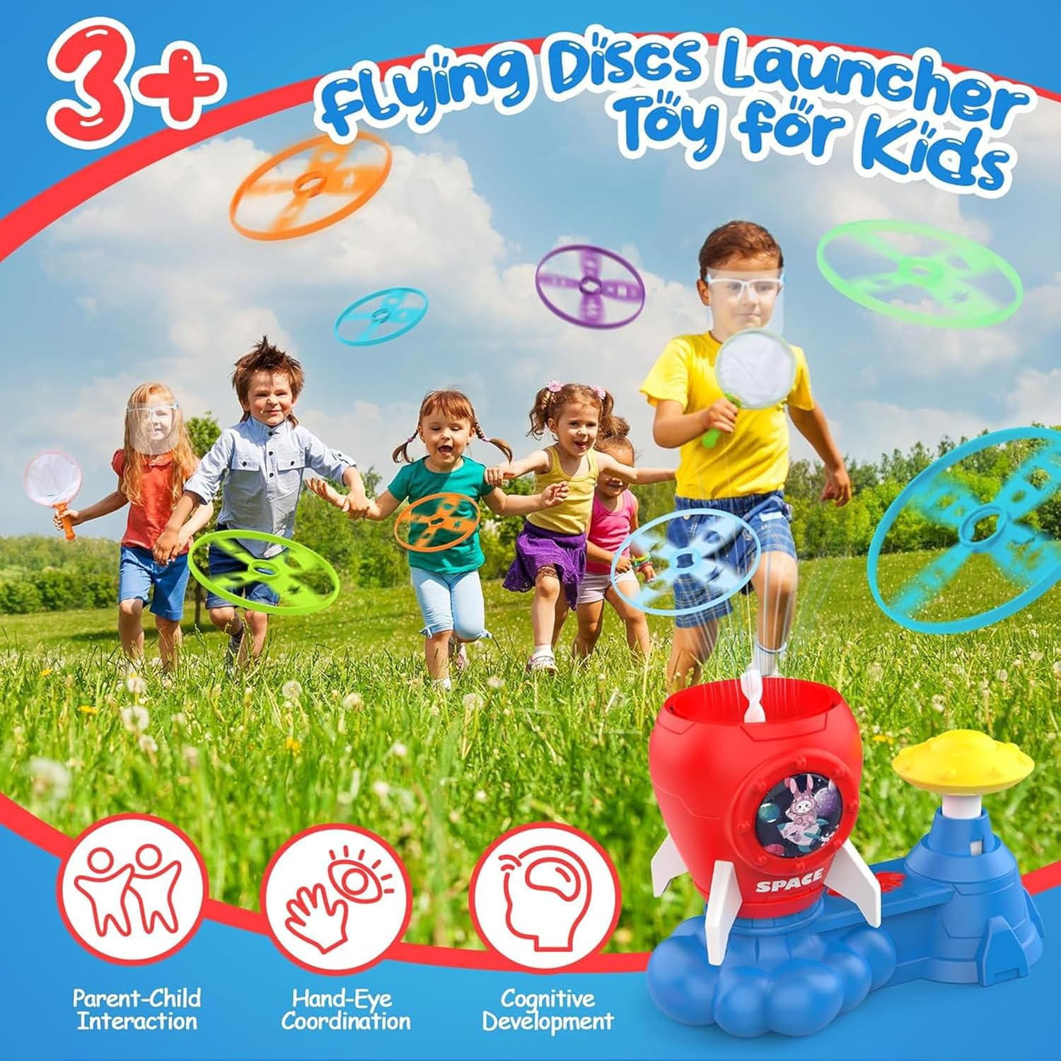 Outdoor Games for Kids Ages 4-8,Flying Disc Launcher Toy with Fluorescent Flying Discs,New Year Party Game for Boys Girls Ages 3-5,Family Party Games for Kids image number 4