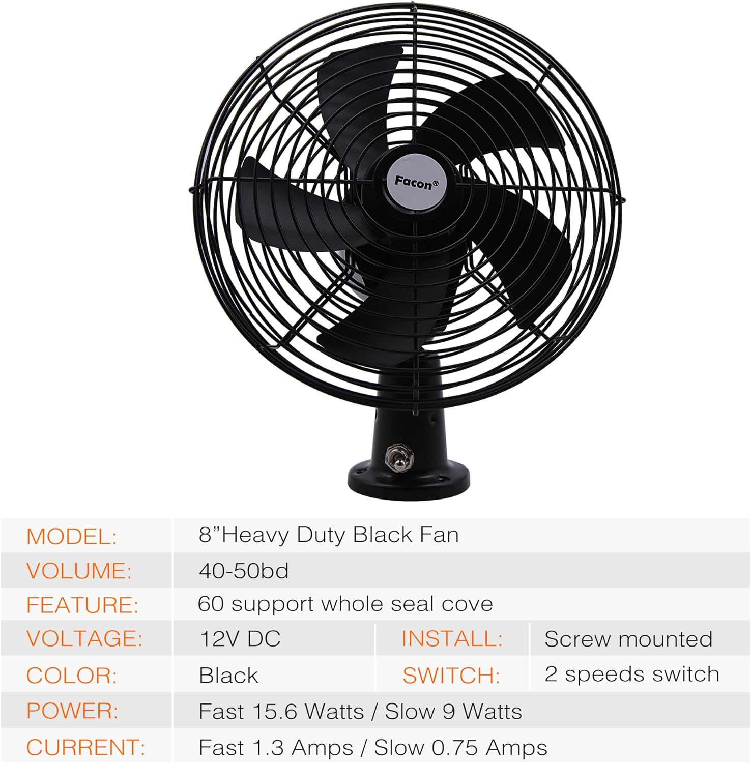 Facon 12V RV Cooling Fan with 2 Speed Switch, Dia: 8-3/4&rsquo;&rsquo;, Heavy Duty Black Metal Car Fan, for Auto Truck, RV, Camper, Trailer, Car, Buses and Boats image number 2