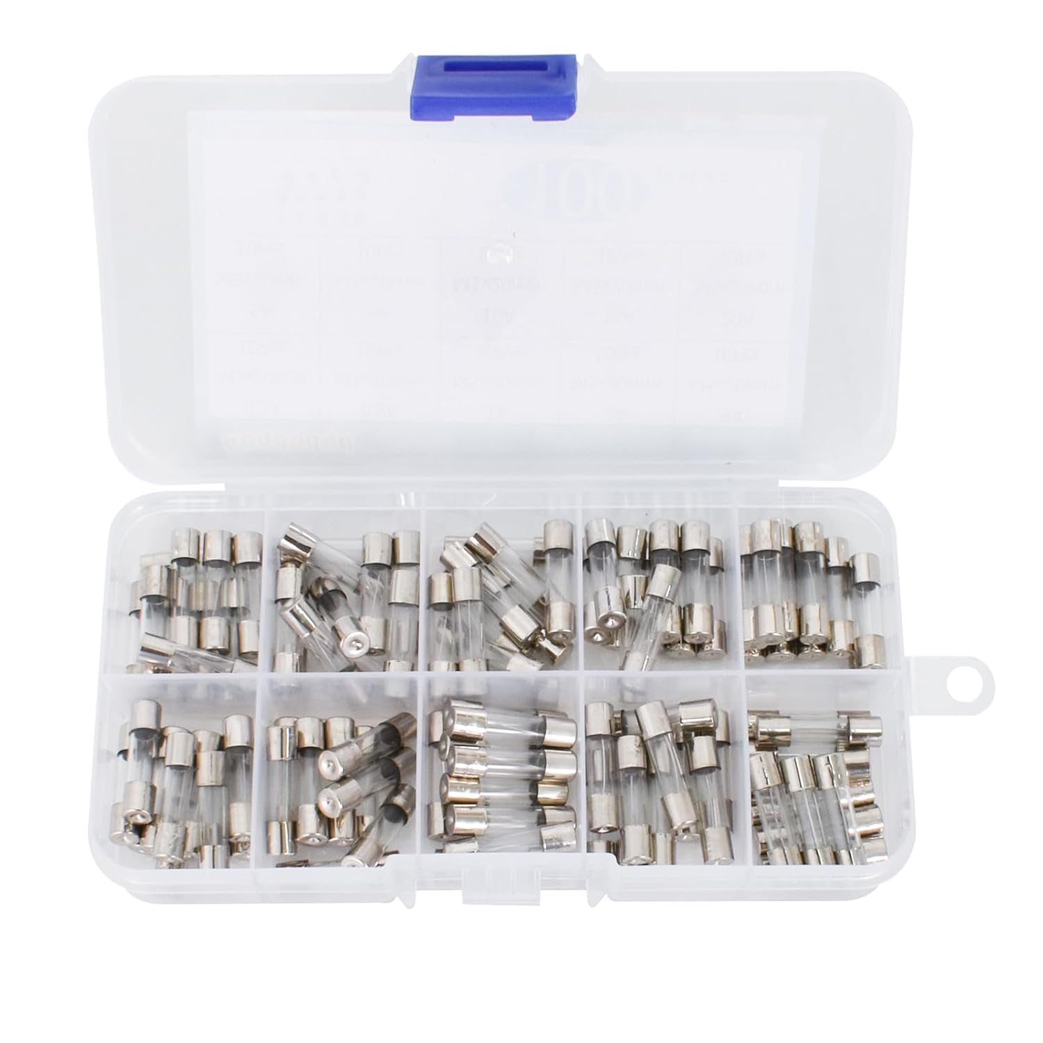 100 Pack 10 Values Fast-Blow Glass Fuse Assortment Kit, 250V 0.2A 0.5A 1A 2A 3A 5A 6A 8A 10A 15A Tube Fuses Mini Fuse, 5X20Mm Fuse, Packag in a Clear Plastic Box image number 2