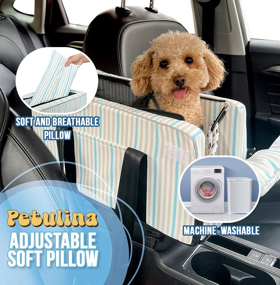 PETULINA Dog Car Seats for Small Dogs - Small Dog Car Seat - Travel Bags for Dogs and Cats Portable - Dog Booster Seat Washable - Car Armrest Included Safety Tethers Perfect Car Seat for Pets (Blue)