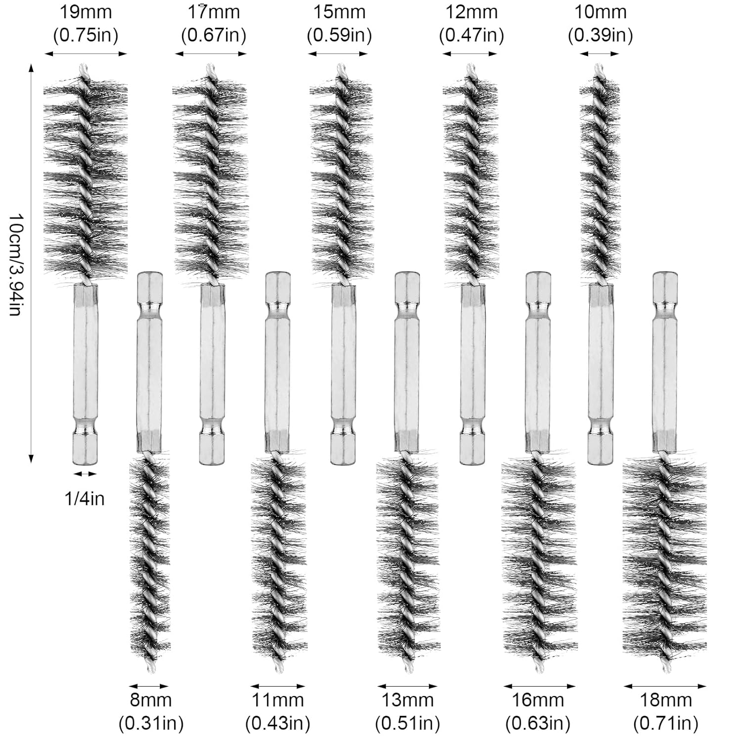 10Pcs Stainless Steel Wire Bore Brushes, Wire Brush for Drill for Cleaning with 1/4 Inch Hex Shank Pipe Cleaning Brush Copper Pipe Cleaner Twisted Wire Brush for Power Drill Die Grinders image number 1