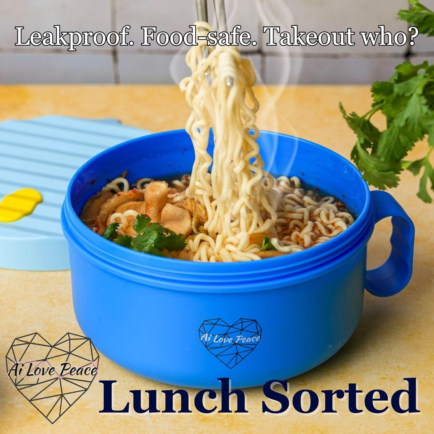 Ai Love Peace Ramen Bowl, 40 Oz Microwaveable Noodle Cooker for Ramen, Pho, Soup, and Pasta, Dishwasher Safe and Portable, Ideal for Home, Office, Dorm, or Gift (Blue) image number 1