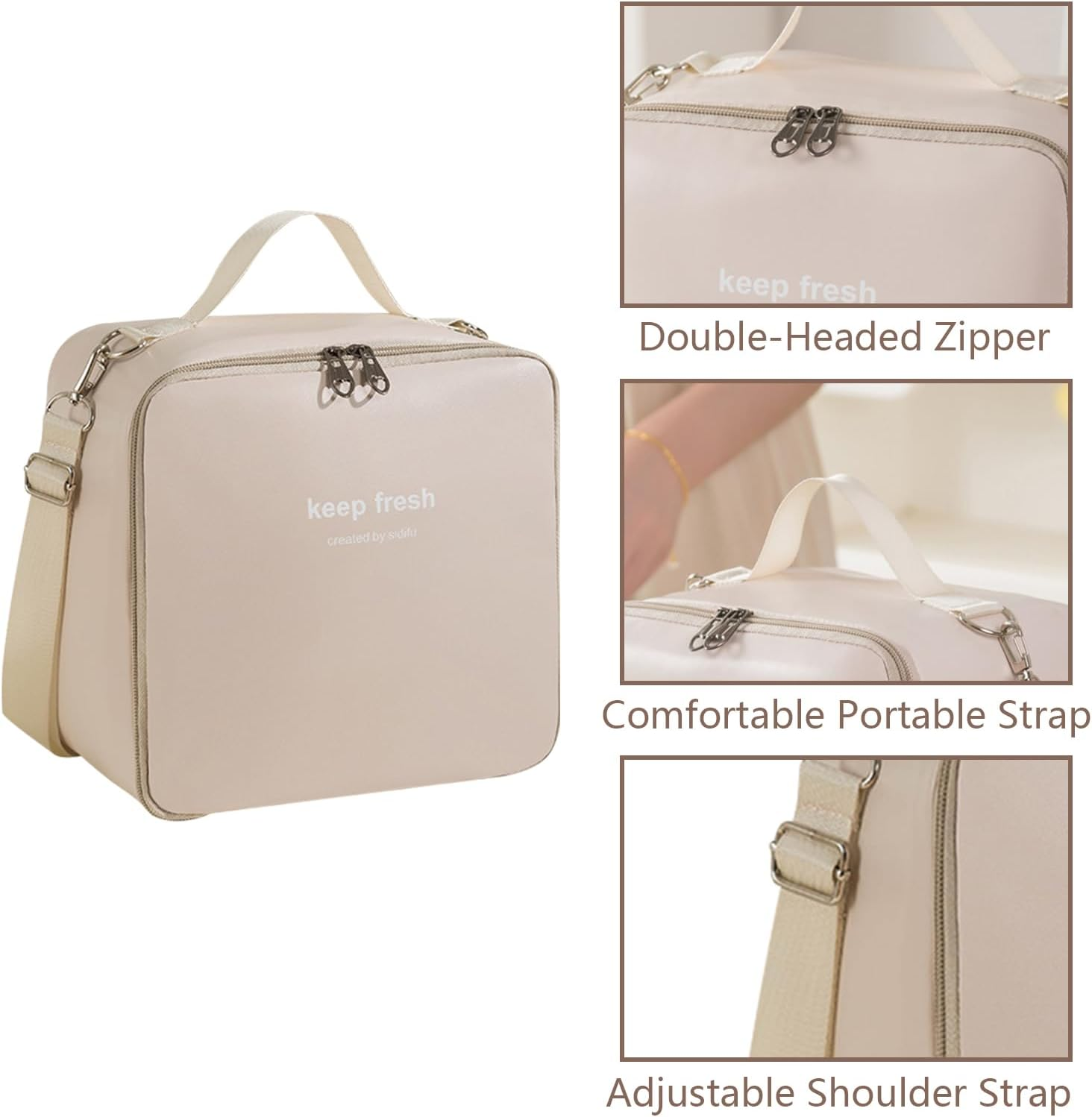 Lunch Bag Women, Lunch Box Lunch Bag for Women & Men Adult, Leakproof Small Lunch Bag, Reusable Insulated Cooler Bag with Detachable Shoulder Strap, Lunch Container for Work Office (Beige) image number 4