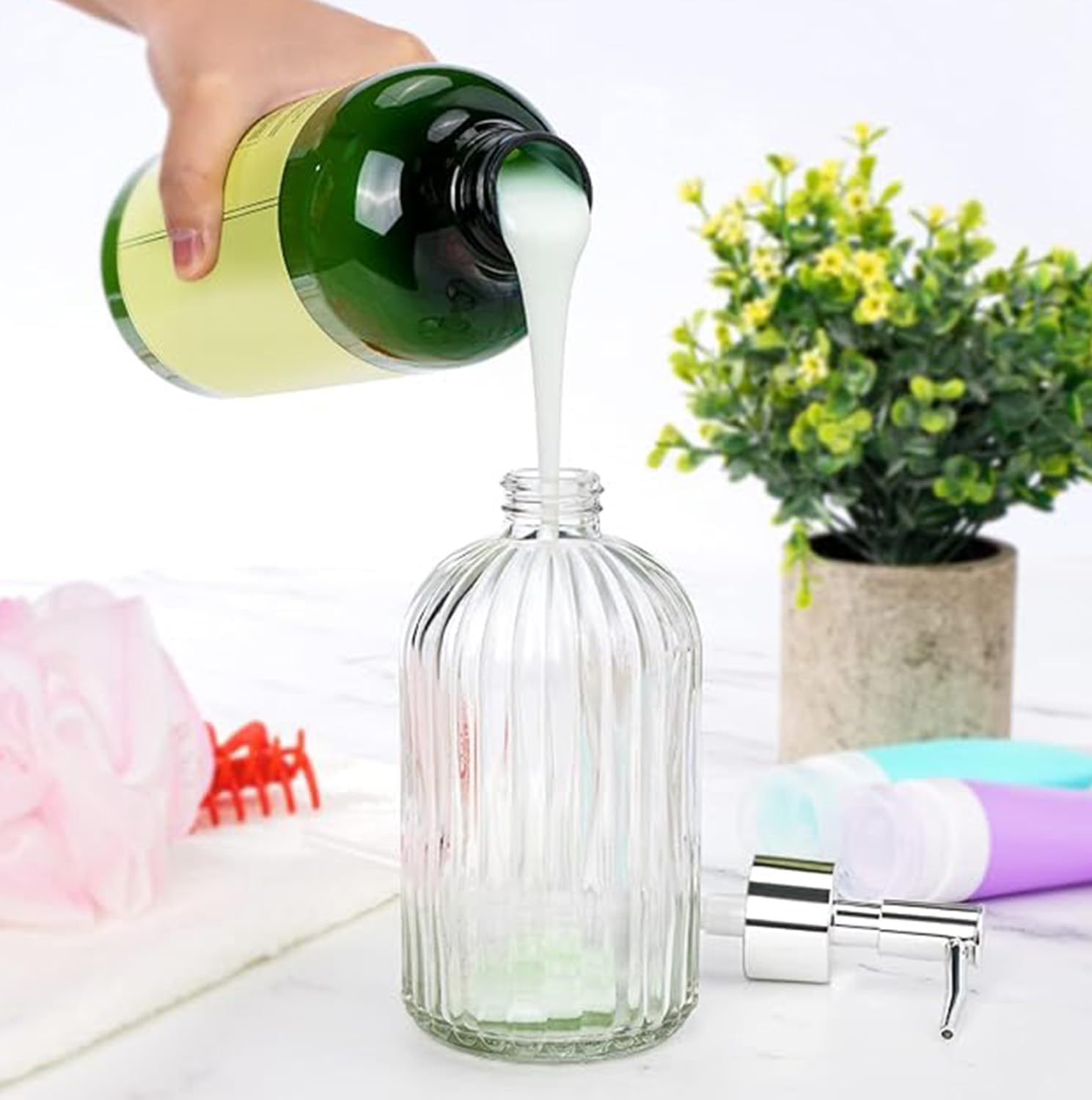 Clear Glass Soap Dispenser (2 Pack 400ML) Refillable Hand Soap Dispenser Vertical - Stripe Bathroom & Kitchen Dispensing Containers (Pink) image number 3