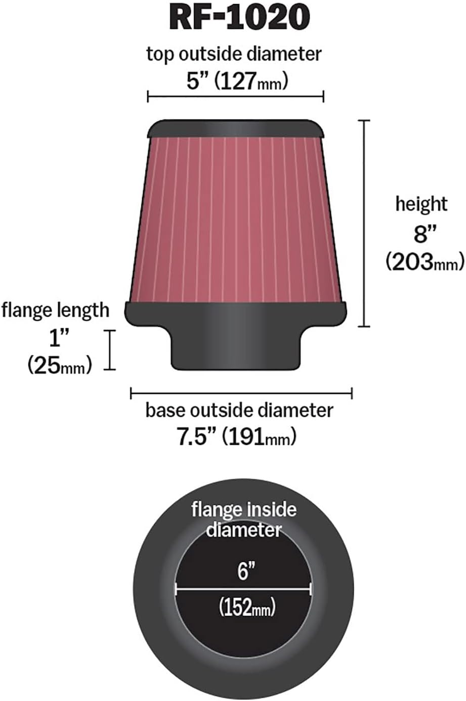 K&N RF-1020 Universal round Tapered Clamp-On Air Filter