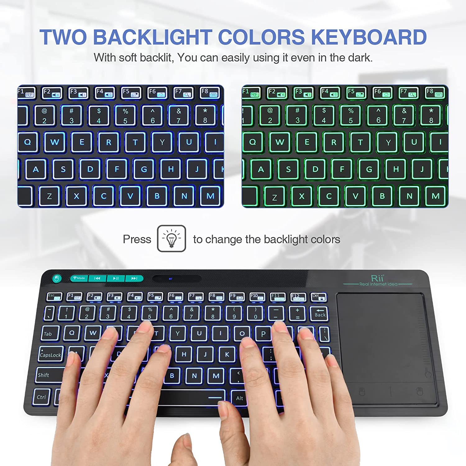 (Dual Mode) Rii RT518S Wireless and Bluetooth 2-LED Color Backlit Multimedia Keyboard with Multi-Touch Big Size Trackpad,Rechargable Keyboard for Android TV Box,Pc,Tablets,Smart TV, HTPC, Iptv,Windows image number 4
