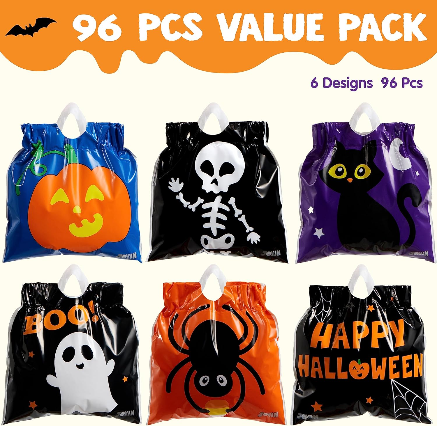 JOYIN 96 Pcs Halloween Drawstring Treat Bags for Trick-Or-Treating, 6"X6" Halloween Goodie Candy Bags, Classroom Party Favor Supplies image number 6