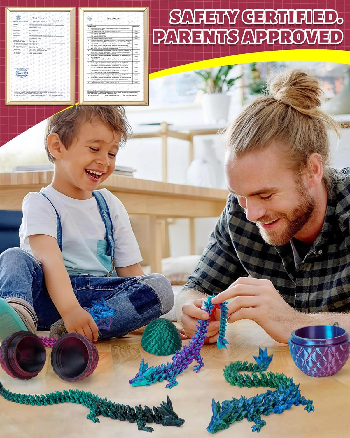 3D Printed Dragon Egg with Articulated Dragon inside - Adult Fidget Toys for Autism ADHD (Black Red) - Laser Yellow Green-12Inch image number 6