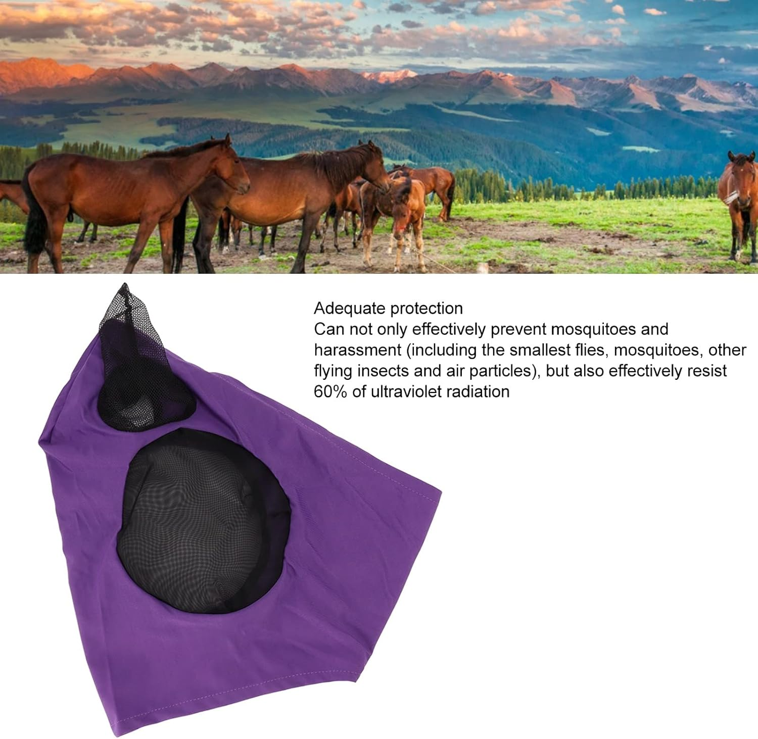 Breathable Horse Mesh Fly Mask with Ears, Elastic Equestrian Face Mask for Horses, Sunlight Protection & Fly Protector (Purple) image number 4