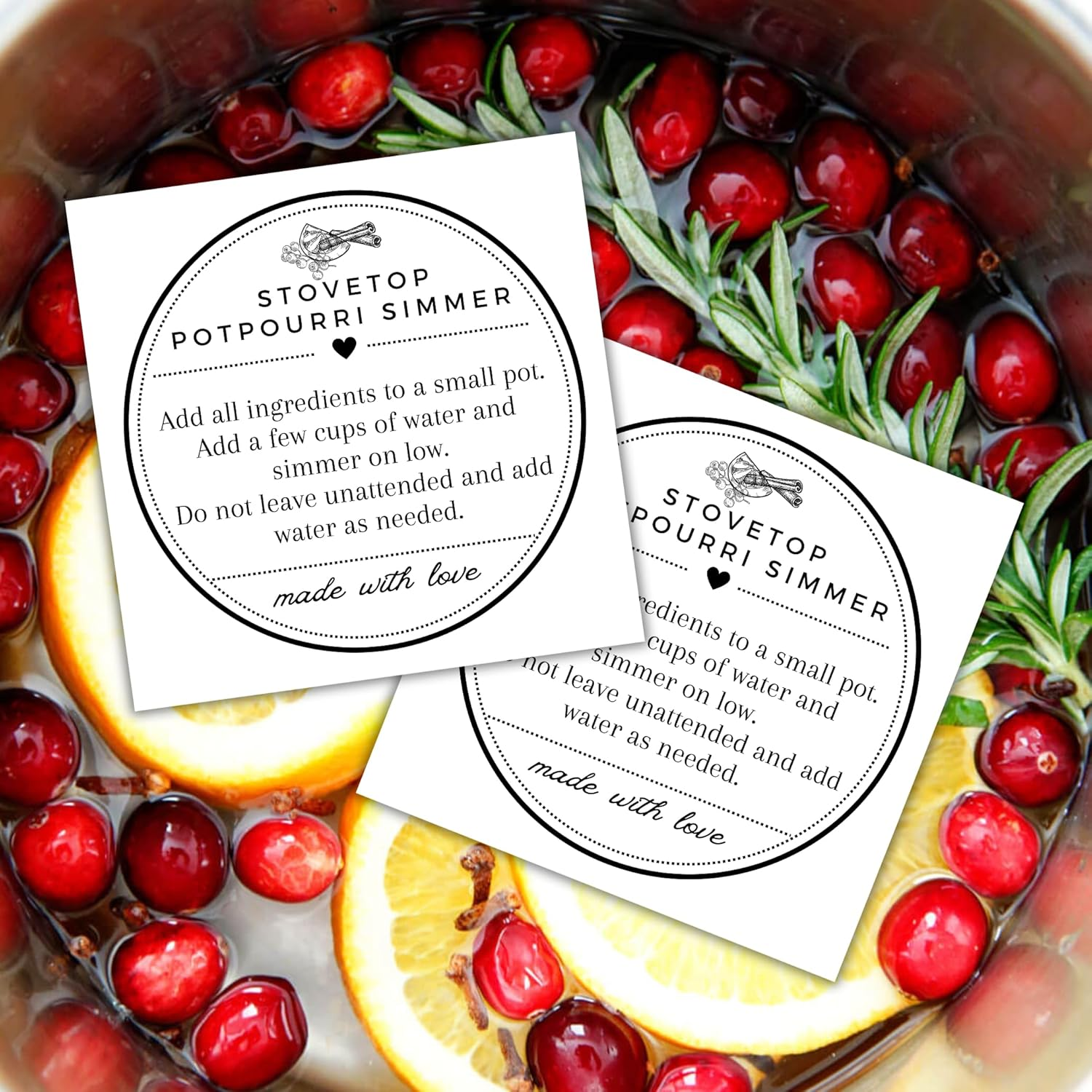 Stovetop Potpourri Instruction Label | 30 Pack 2.5&rdquo;X2.5&rdquo; Square Card Hang Tag for Package Stove Top Simmer Christmas Holiday Home Scent Use with Glass Saucepan Stove-Top Steamer Pot image number 1