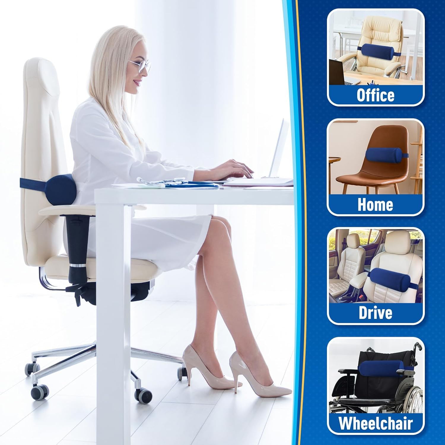 Lumbar Roll Support Pillow for Office Chair, Car, Gaming Chair, Memory Foam Back Cushion with Washable Cover for Relieving Back Pain & Improving Posture,Blue image number 1