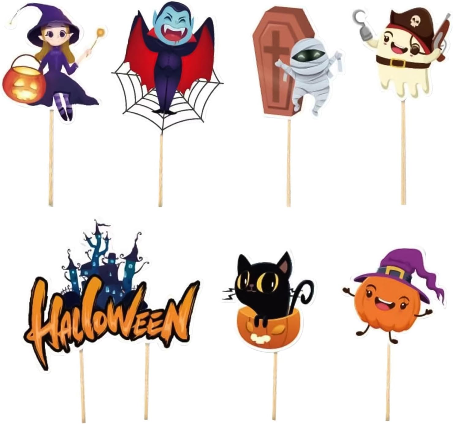 Halloween Cupcake Toppers | 7X Halloween Cupcake Picks | Castle, Zombie, Ghost, Witch, Black Cat, Vampire, Pumpkin Graveyard Tombstone Cupcake Toppers for Horror Party image number 5