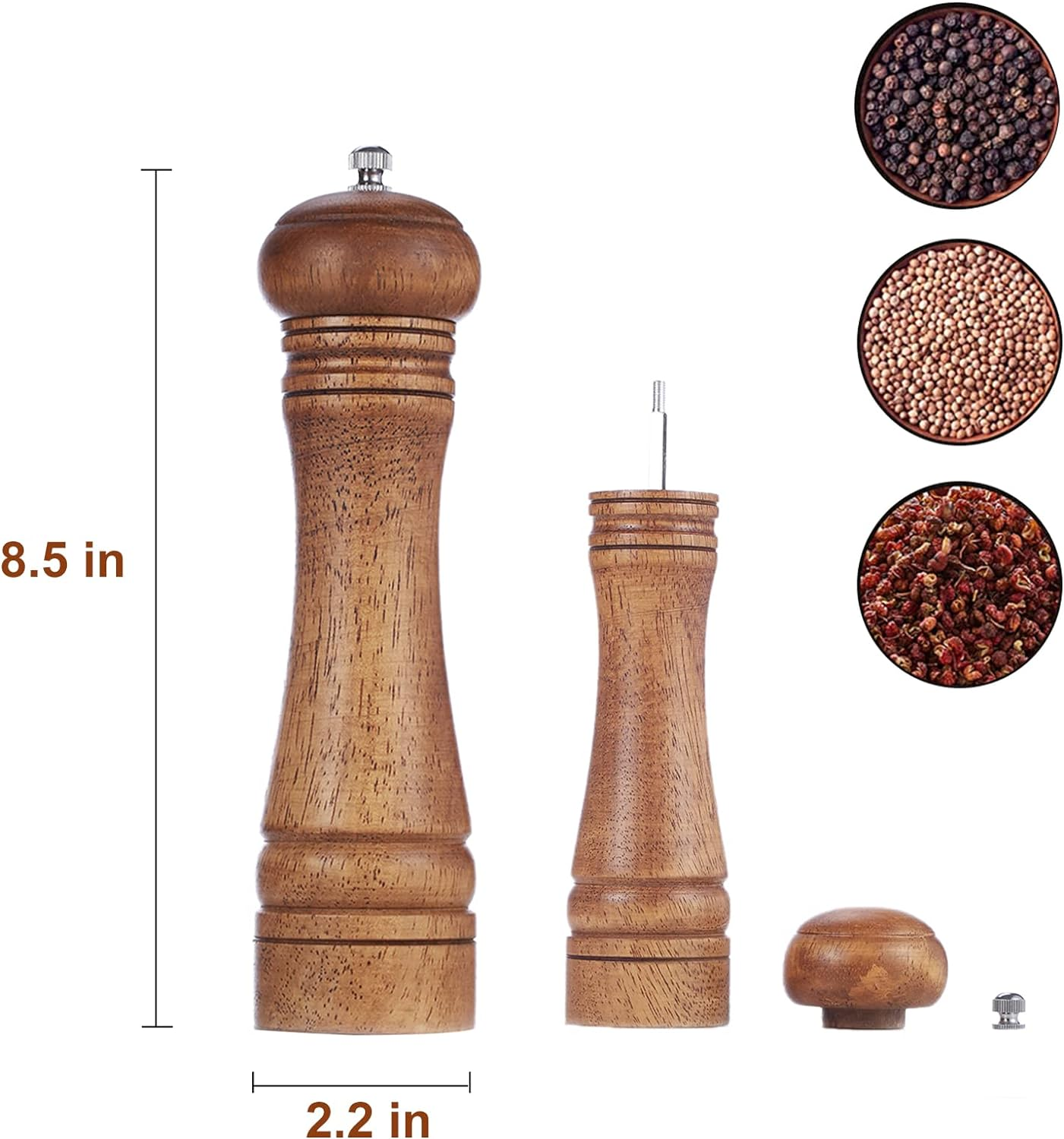 Wood Pepper Grinder Pepper Mill,Adjustable Coarseness 8 Inch Wooden Peppermill, Ceramic Grinding Mechanism Salt Mill Refillable (1 Pack) image number 4