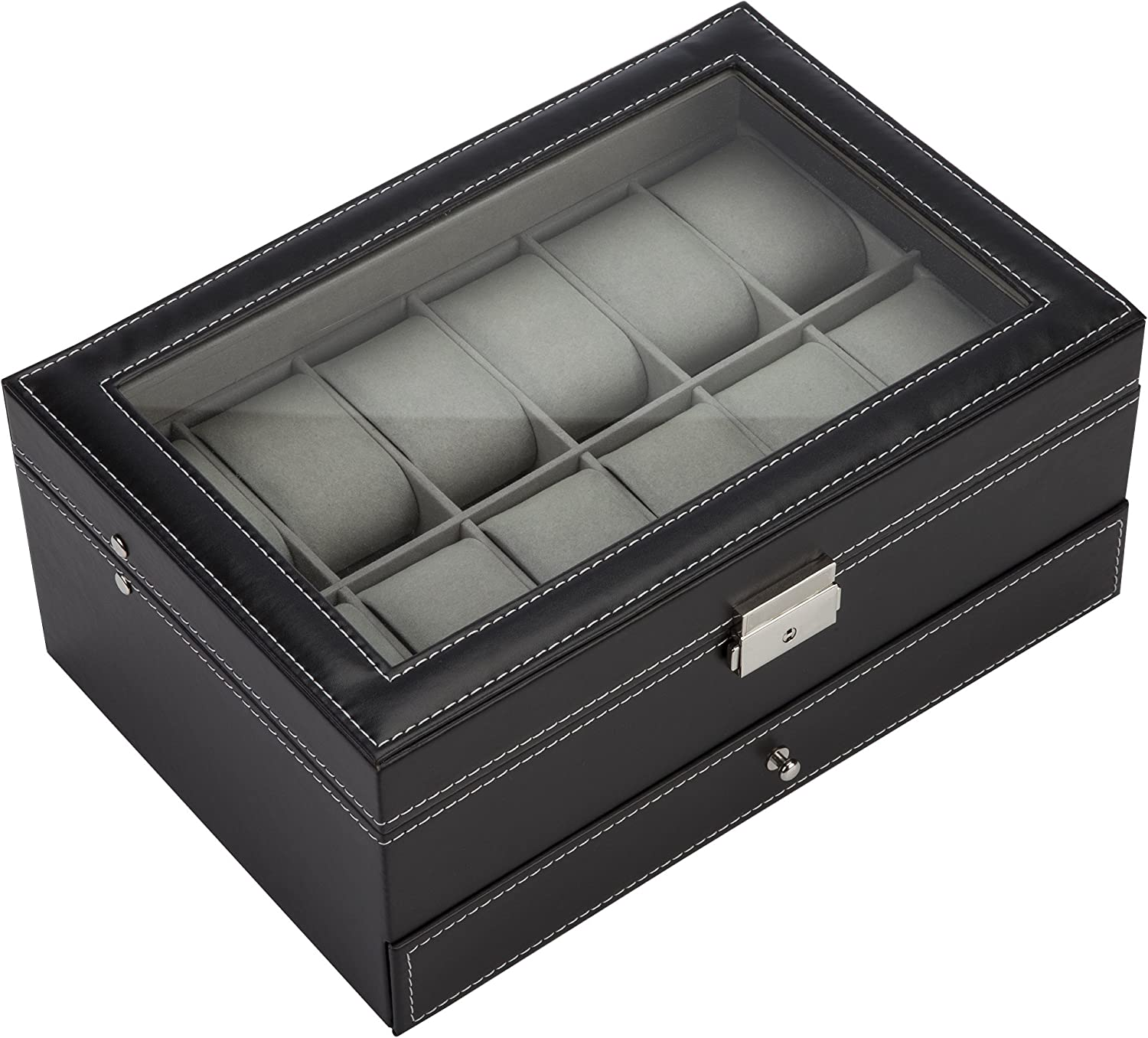 Readaeer Black Leather Watch Box Jewelry Display Case with Drawers, Jewelry Box (12 Slots with 2 Layers) image number 3