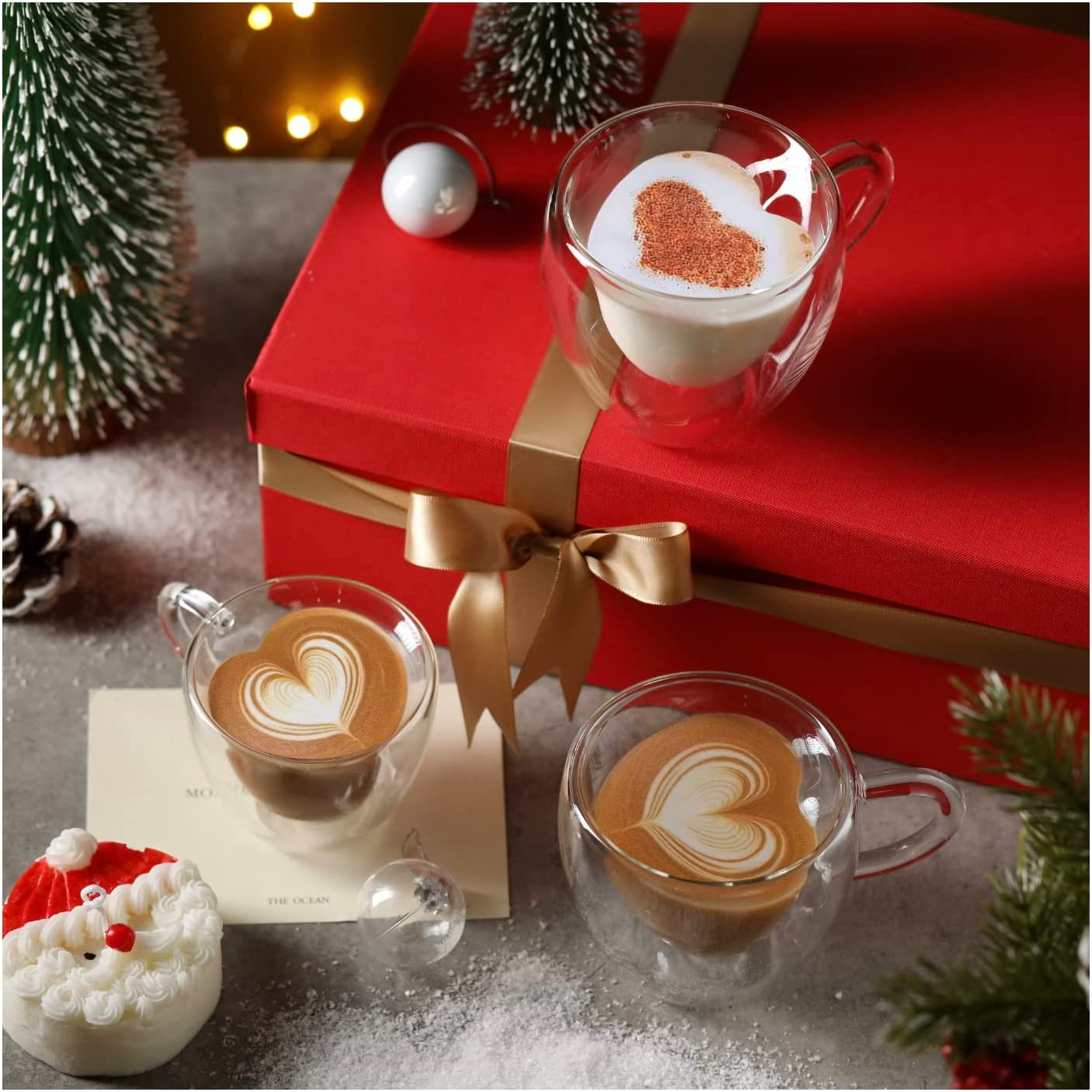 CNGLASS Double Wall Heart Shaped Glass Coffee Mugs 8.5Oz(Set of 2),250Ml Insulated Clear Tea Cups with Handle,Unique Glass Espresso Mugs for Coffee,Cappuccino,Latte,Milk image number 3