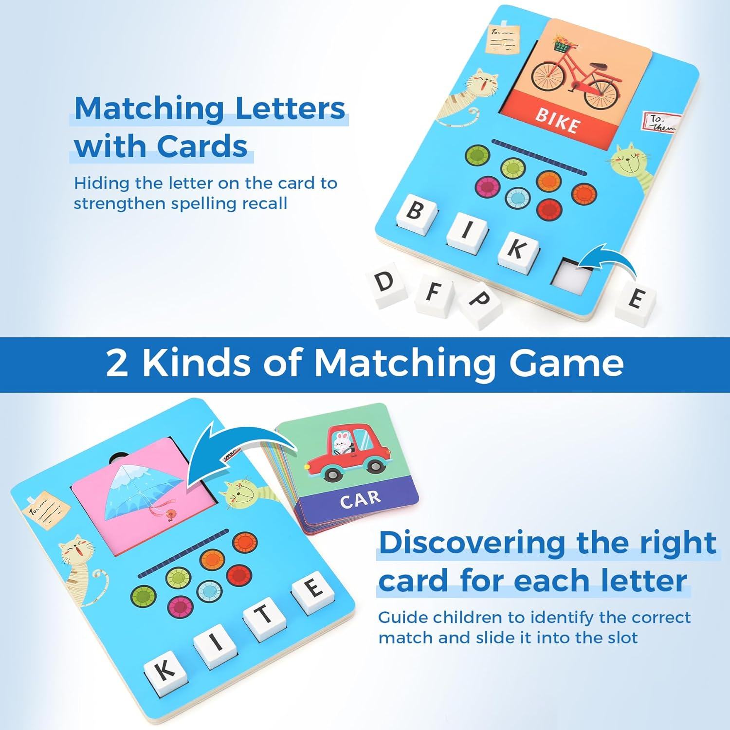 Wooden Learning Games for Kids Ages 3-8, Matching Letter Game with Spelling Flash Cards for Toddler, Early Learning Educational Toys for Children, Birthday Party Gifts for Son and Daughter, Blue image number 3