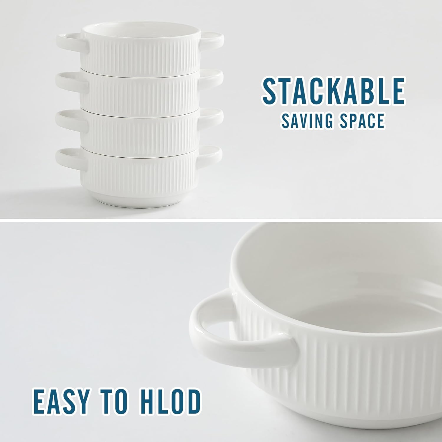 Ceramic Soup Bowls with Handles, 20 Oz French Onion Soup Bowls Set of 4, Stackable Soup Crocks for Soups, Chili, Beef Stew, Microwave and Oven Safe - 5.4Inch, White image number 1