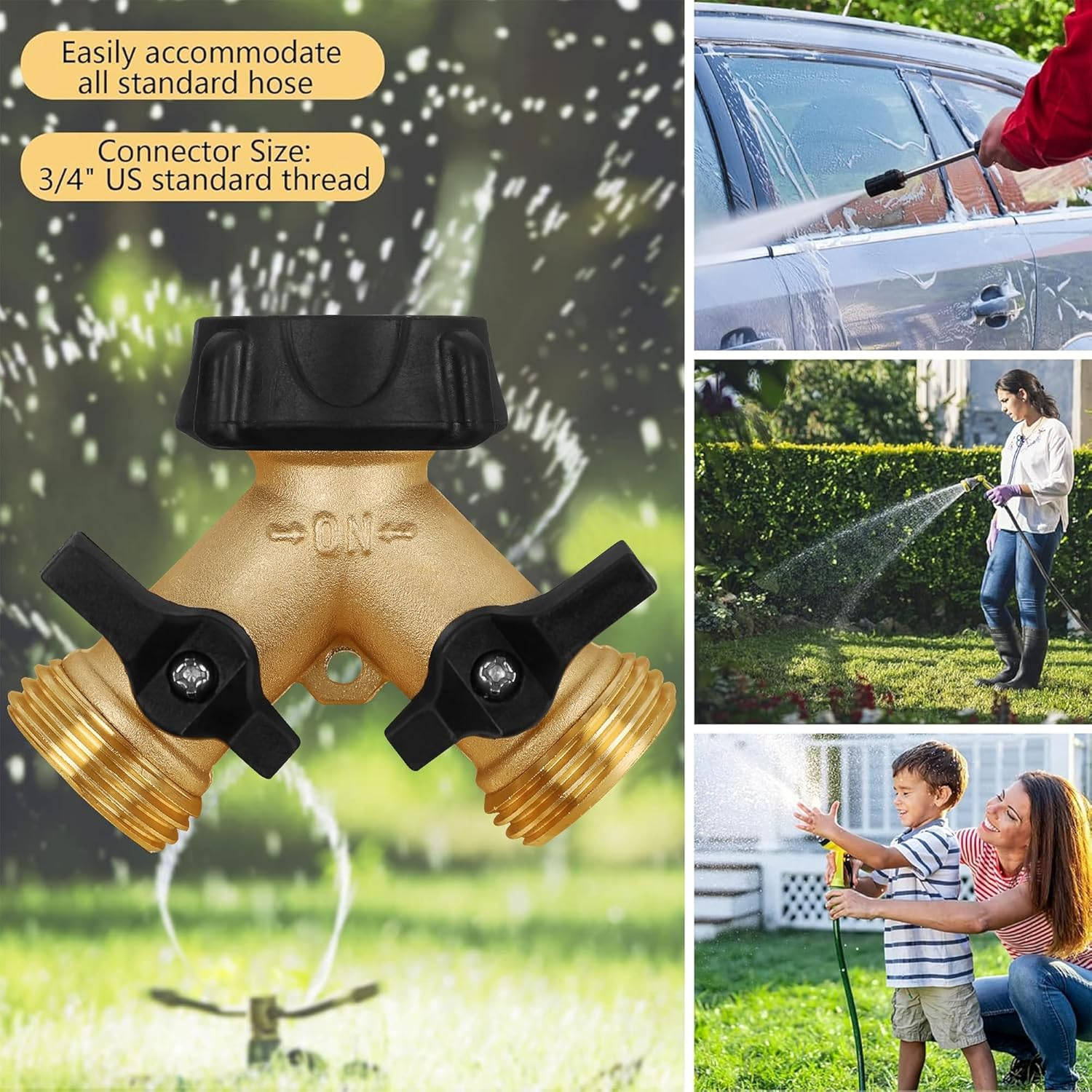 Biswing 2 Pack Garden Hose Splitter 2 Way, Heavy Duty Brass Connector Tap Splitter, Y Splitter 2 Valves with 4 Extra Rubber Washers image number 2