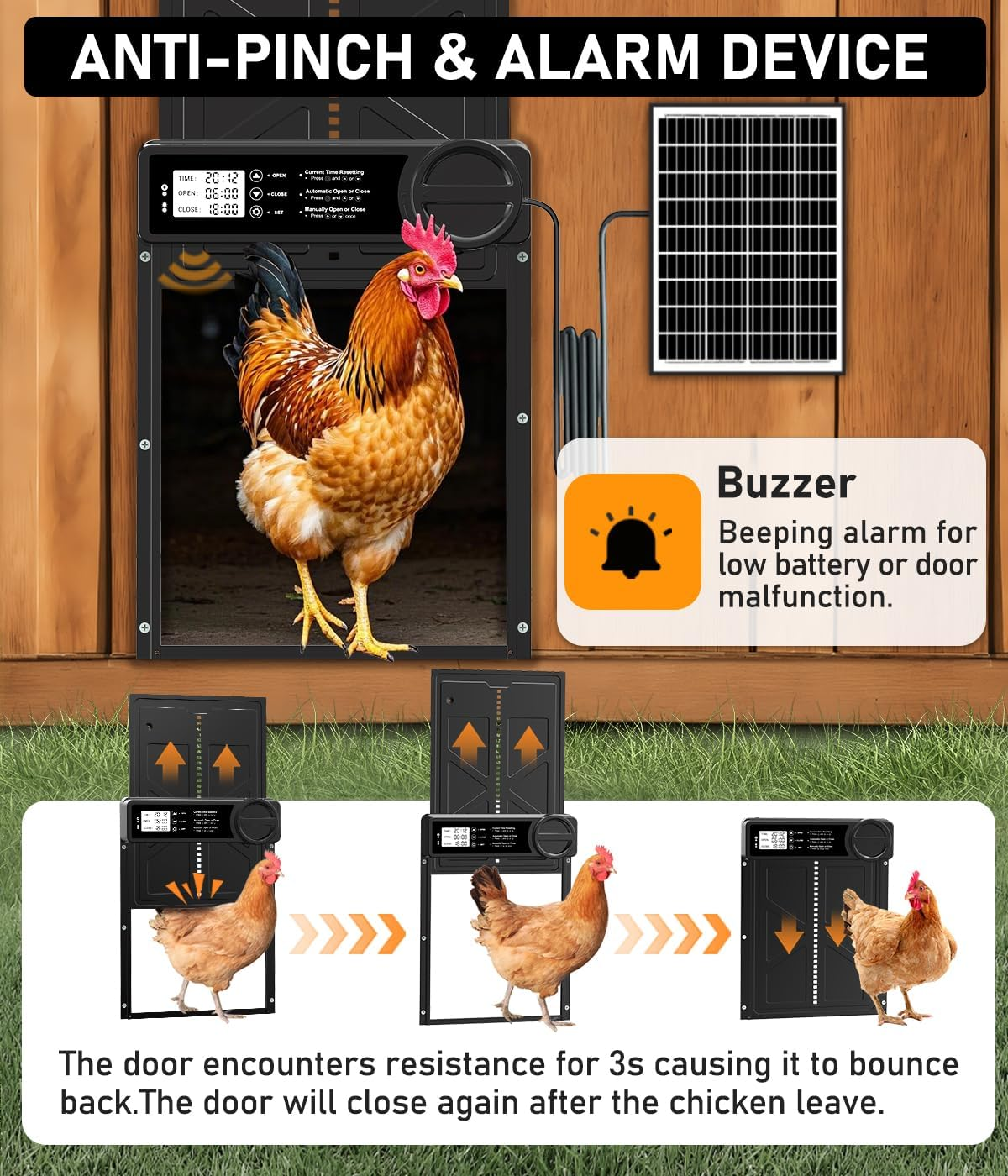 Large Size Automatic Chicken Coop Door Solar Powered - Timer/Manual Mode, Solar Chicken Coop Door Anti-Pinch, Aluminum Alloy Chicken Doors | Higher Battery Capacity | 20M Remote Control image number 6