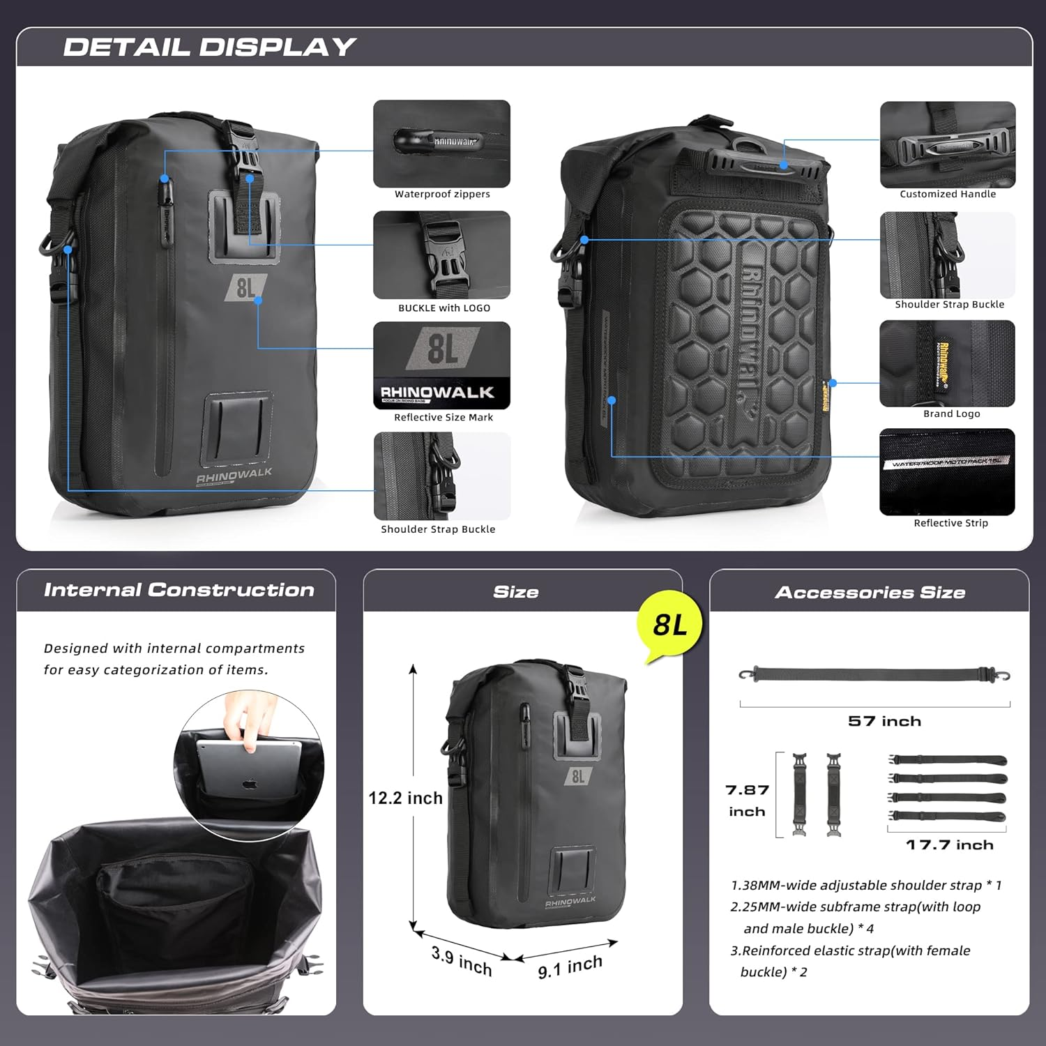 Rhinowalk Motorcycle Tail Bag - Multifunctional Waterproof Rear Rack Trunk Seat Bag, Luggage Backpack, Black 8L image number 4