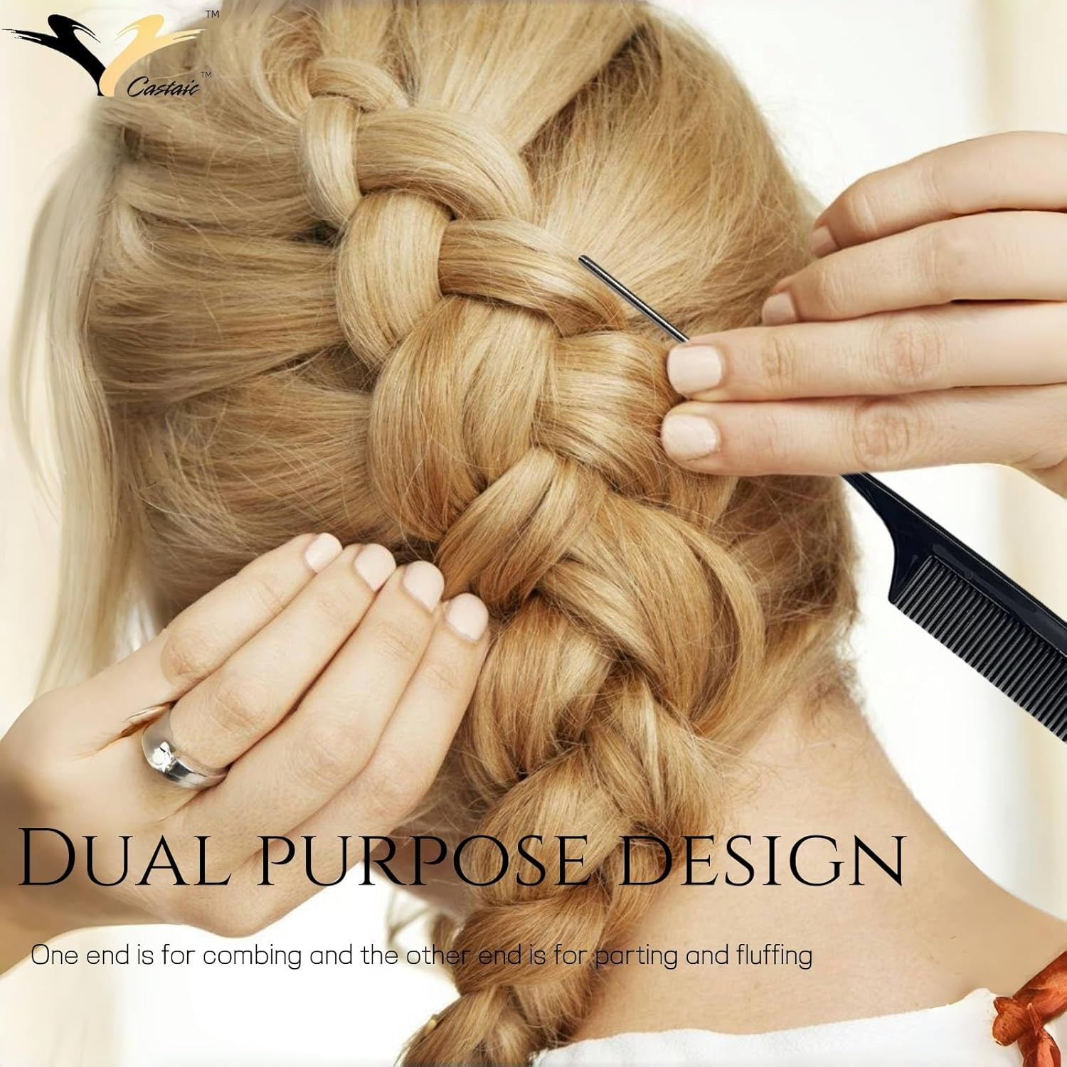 Castaic 2 Pack Rat Tail Comb,Professional Stainless Steel Pintail Comb Hair Parting Comb with Metal Pick on the End Teasing Parting Hair for Women Girls (Black-2) image number 3