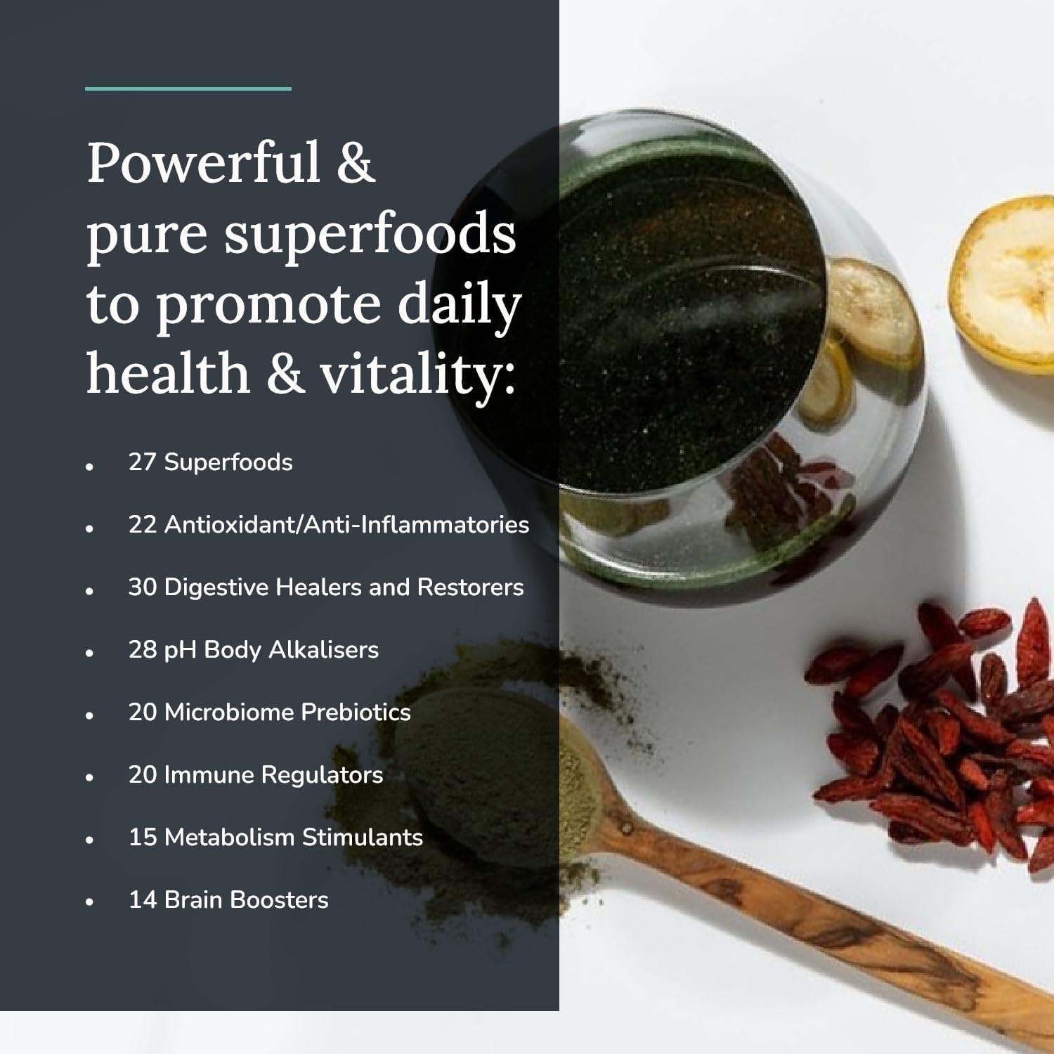 Body Revitaliser Organic Superfood Powder Health Supplement, 49 Ingredient Smoothie Mix with Prebiotics, Chlorella, Reishi, Vegan, Non-Gmo, Gluten-Free 120 Grams (12 Servings) image number 3