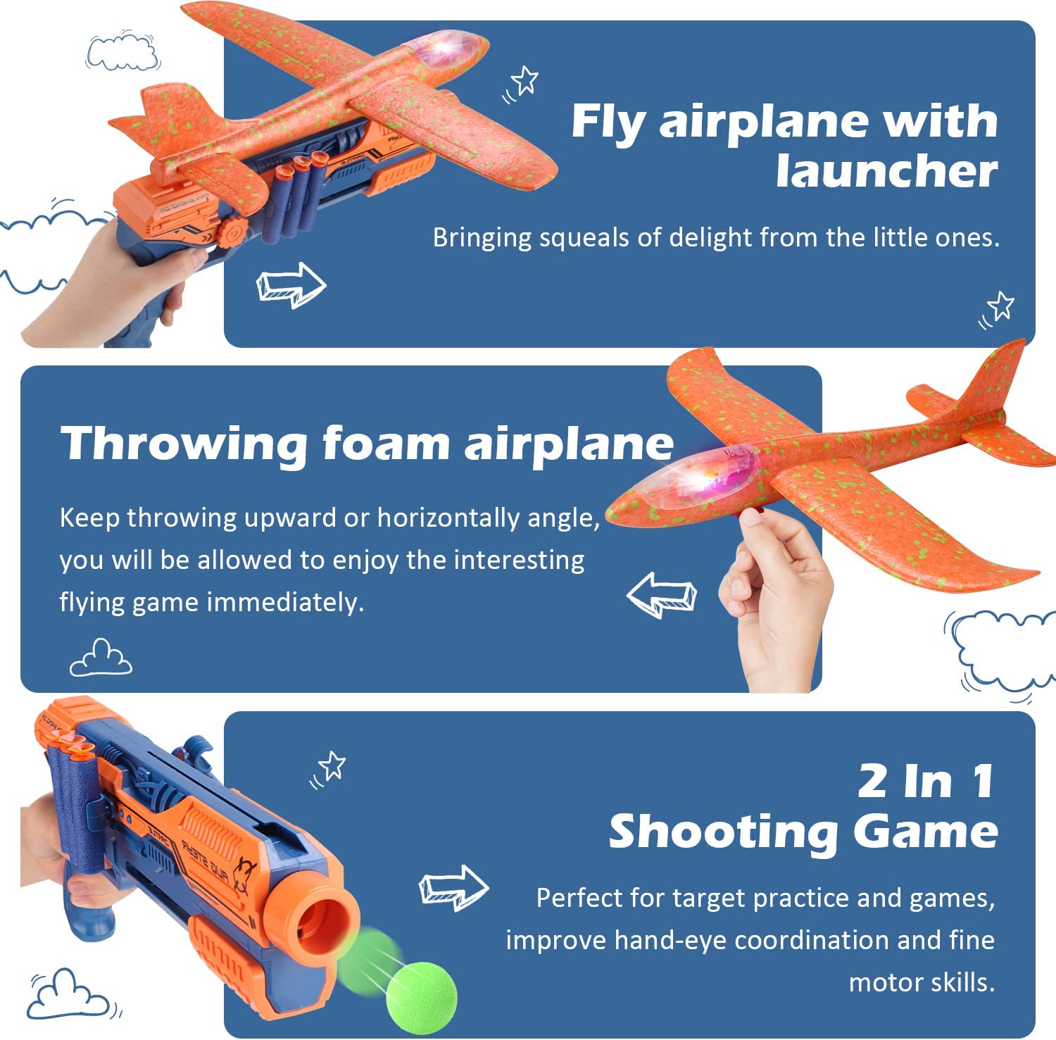 REMOKING 5 in 1 Shooting Game for Kids, LED Light Airplane with Launcher,Gun Toy W/Throwing Foam Plane,6 Foam Balls&Bullets,Outdoor Sport Flying Toys Birthday Gifts for Boys Girls Kids 3-8 Year Old image number 4