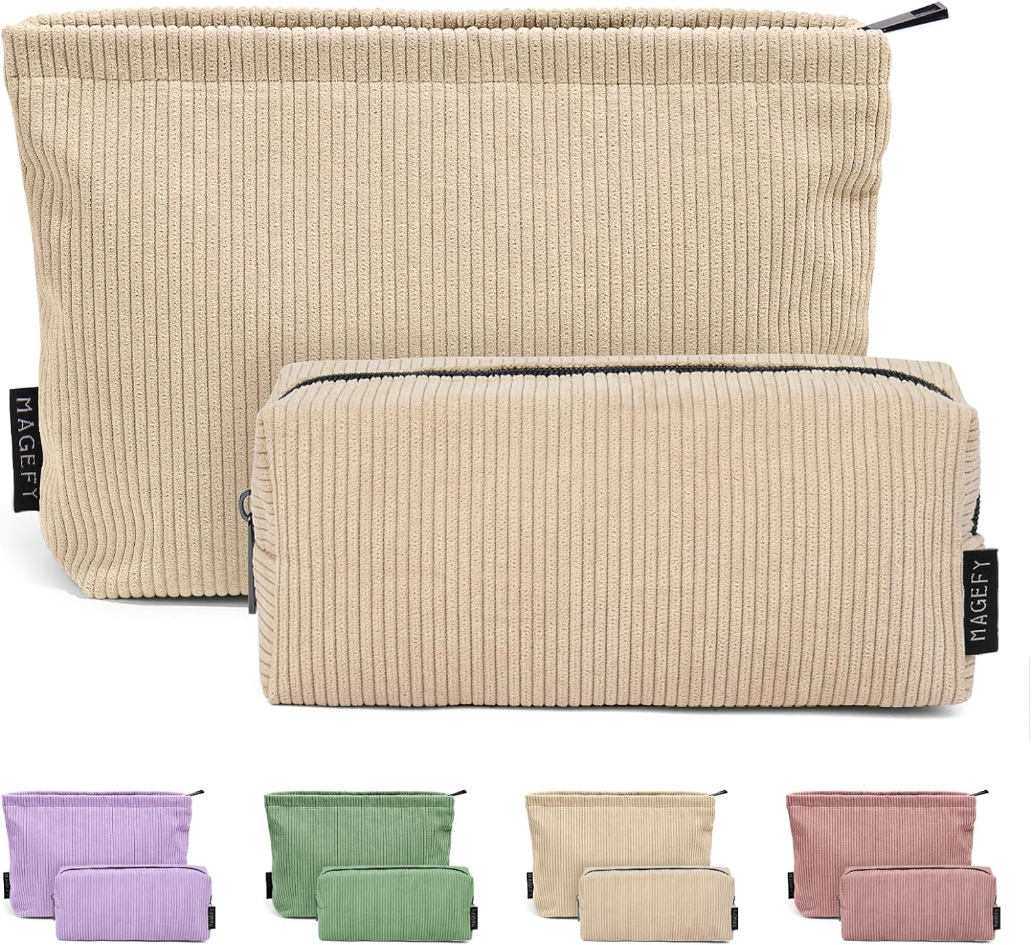 MAGEFY 2 Pcs Makeup Bags for Women, Corduroy Make up Bag for Purse Travel Makeup Bag Small Cosmetic Bags with Zipper Makeup Pouch for Travelling(Beige)