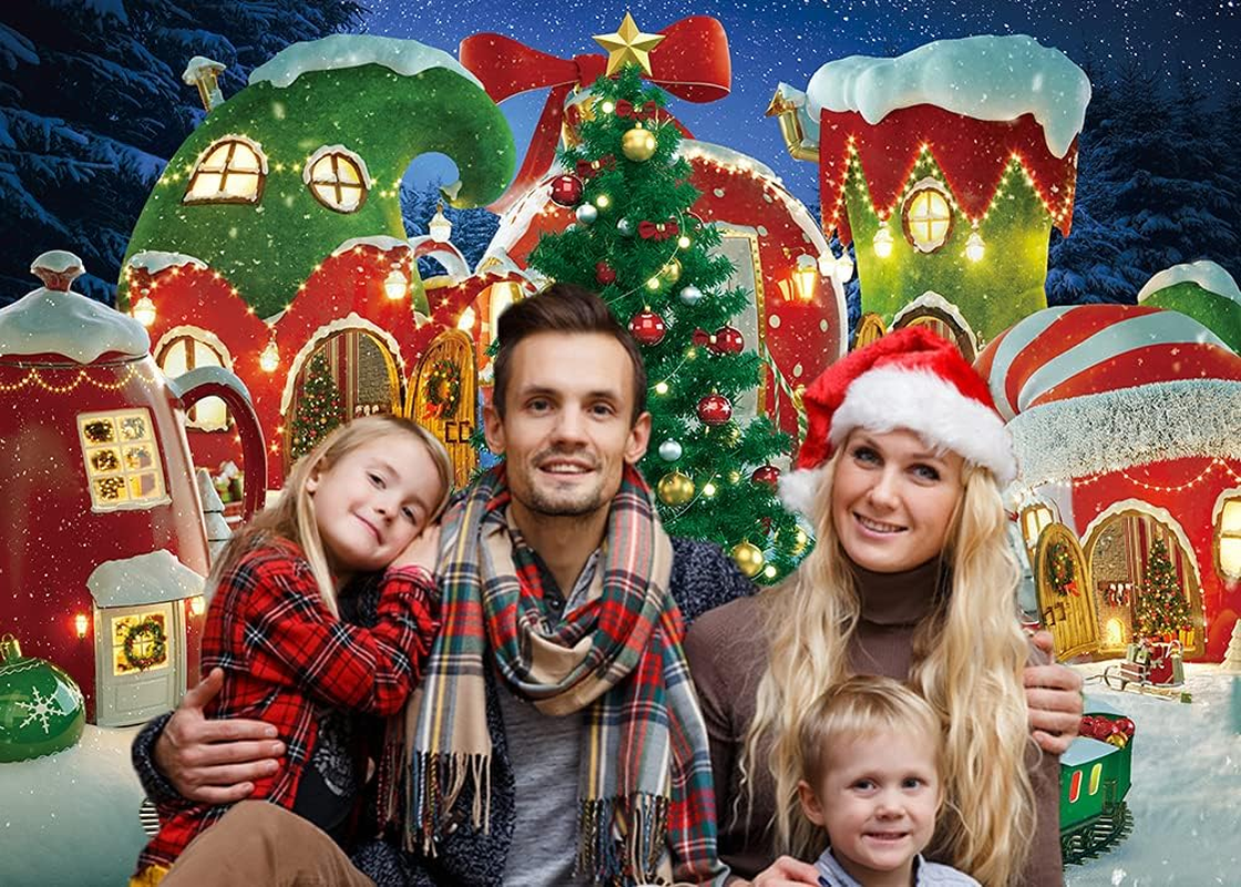 Cartoon Christmas Village Photography Backdrop Winter Snow Pine Tree Background Xmas Fairy Tale Animated Kid Party Photo Booth Banner Supplies (8X6Ft) image number 3