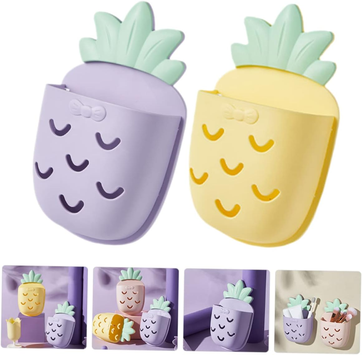 Mobestech 4Pcs Pineapple Bathroom Wall Organizer Wall Mount Storage Holder for Cosmetic Toothbrushes Accessories and Storage Holder for Bathroom Use image number 6