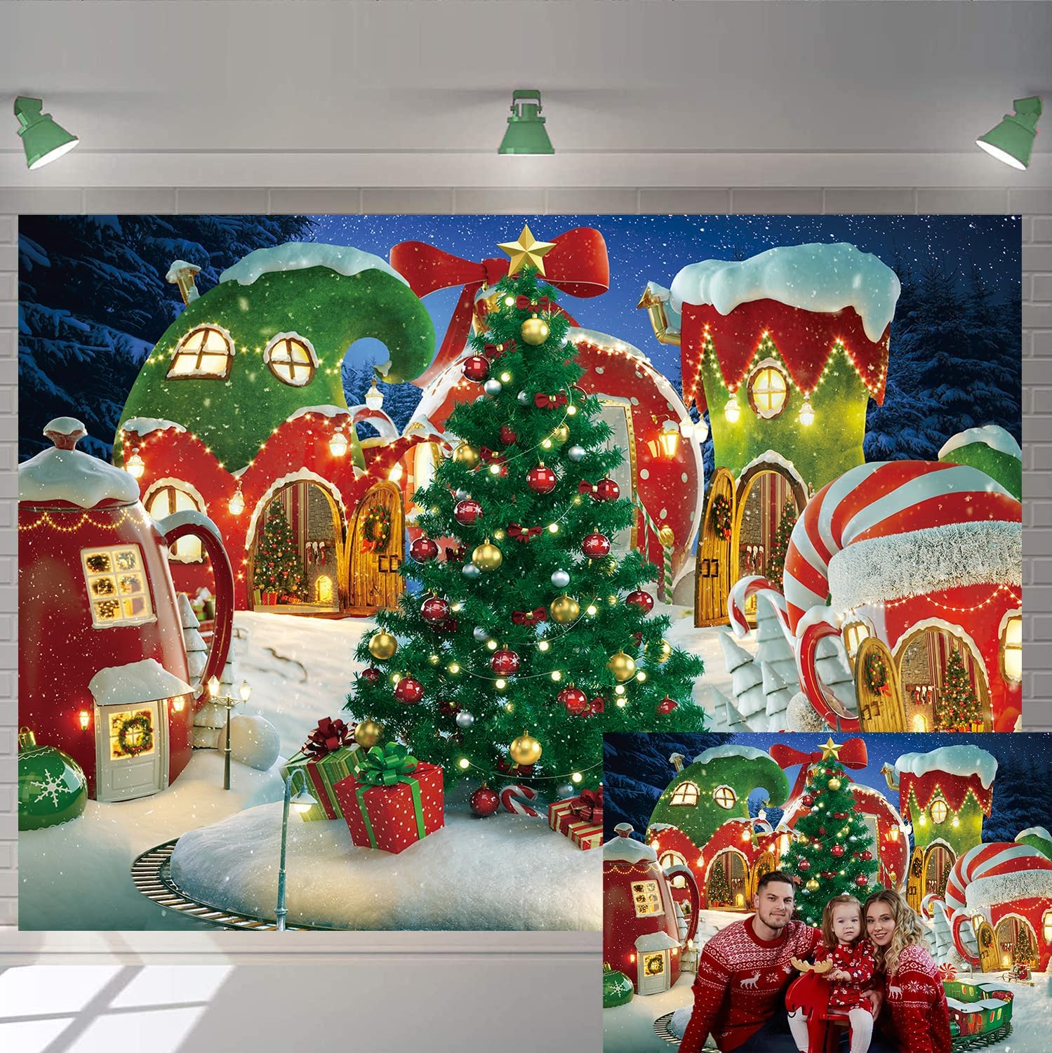 Cartoon Christmas Village Photography Backdrop Winter Snow Pine Tree Background Xmas Fairy Tale Animated Kid Party Photo Booth Banner Supplies (8X6Ft) image number 4