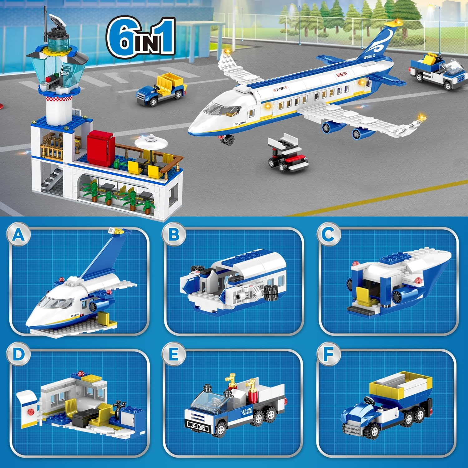 838 Piece Airport Passenger Terminal Building Blocks Set-6In1 Airplane Building Blocks Toy, Creative Building Projectswith Shuttle Bus,Baggage Truck, Top STEM Toy for Boy and Girl Ages 6 7 8+ image number 1