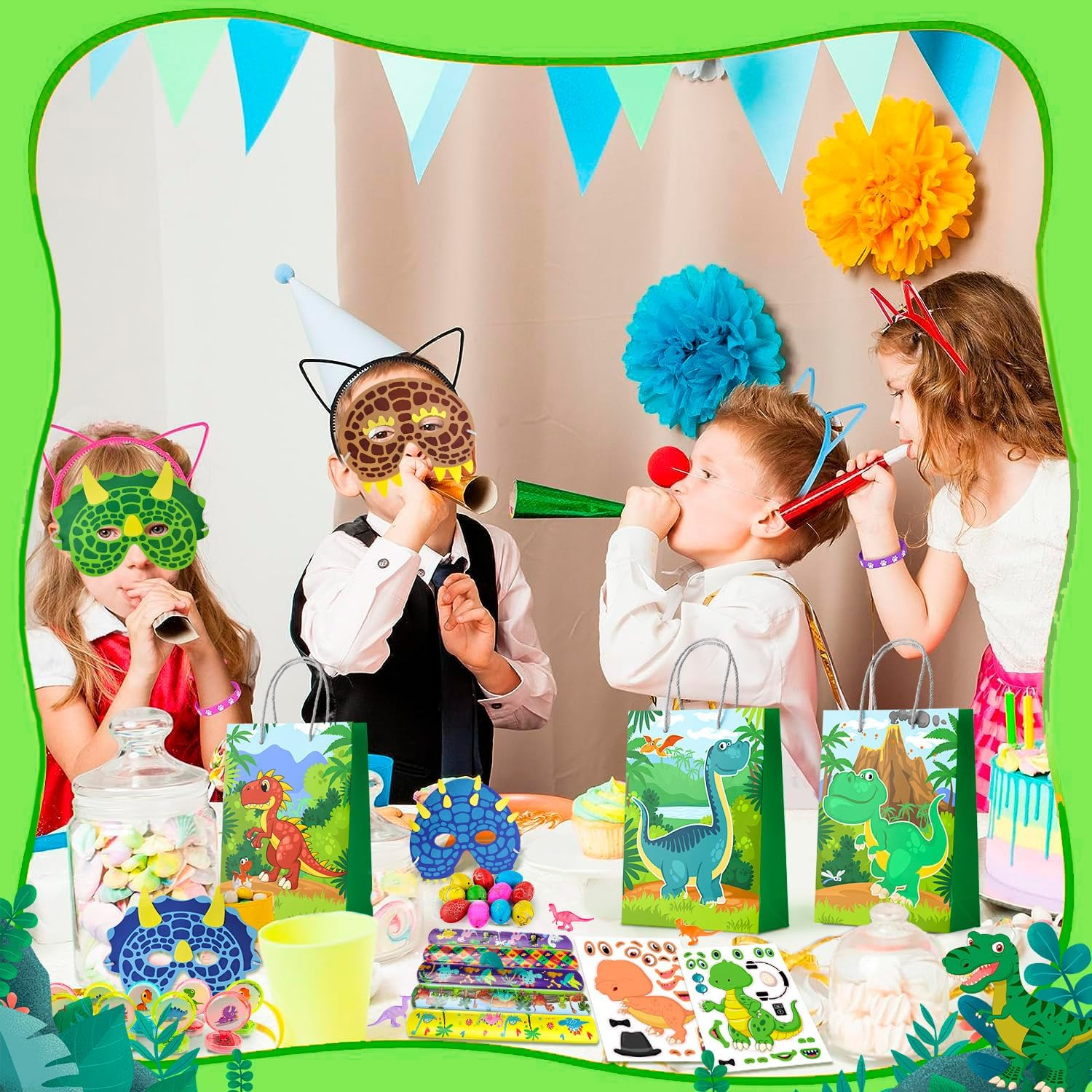 Dinosaur Party Favors for Kids, 96Pcs All-In-One Dinosaur Birthday Party Favors Set - Dino Party Favor Bags Keychains Stampers Stickers Toys Clap Bracelets Etc Dinosaur Birthday Party Supplies image number 4