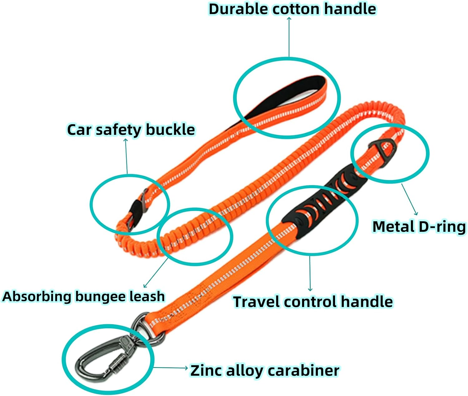 Bungee Dog Leash for Walking - 4-6FT Heavy Duty Dog Leash with Highly Reflective Threads and Buffer, with Car Seat Belt Buckle and Adjustable for Medium and Large Dogs（Orange） image number 1