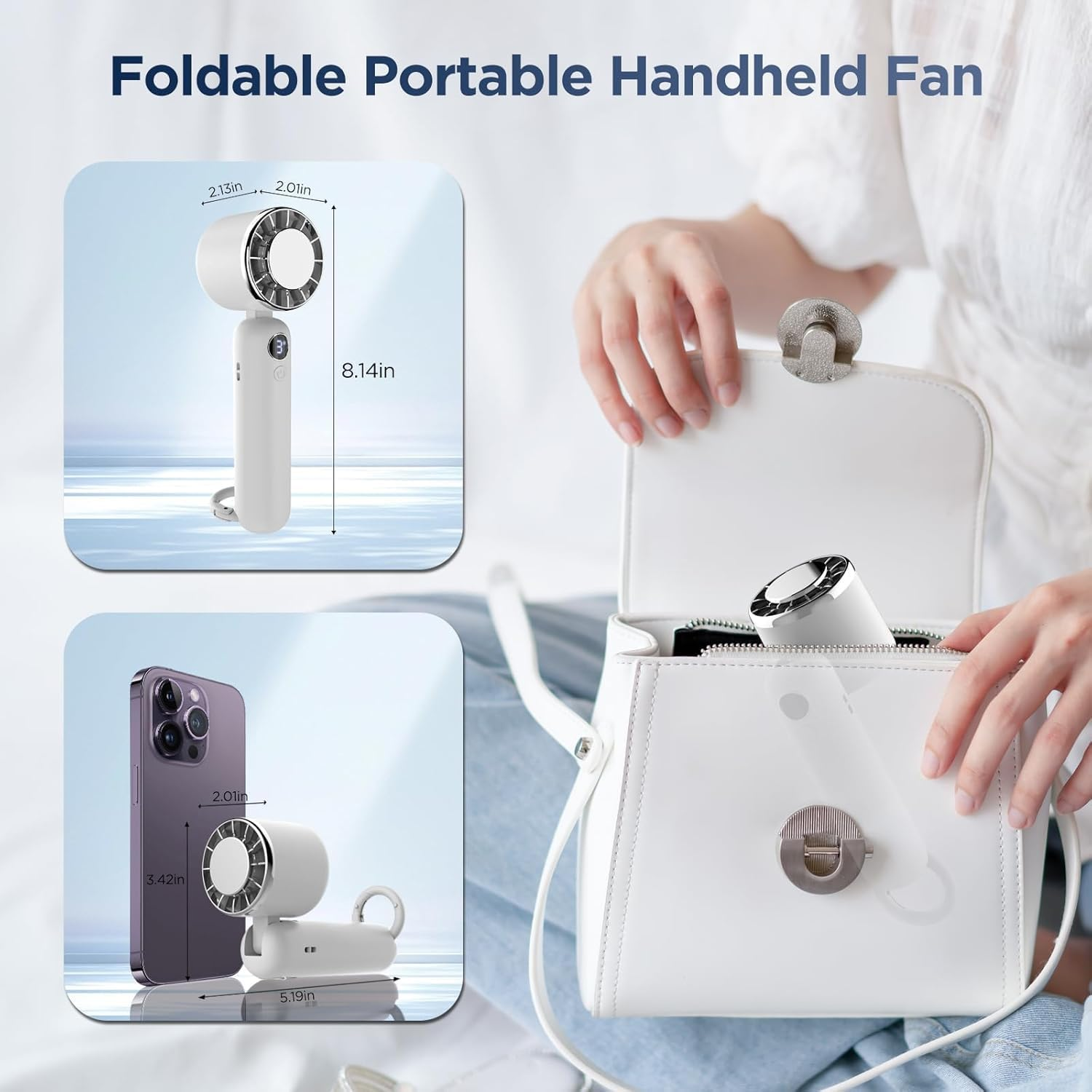 2025 Portable Handheld Fan, Rechargeable Portable Fan, 3 Speeds & Digital Display Small Fan for Travel, 180&deg; Foldable Mini Fan Makeup Fan For - Black image number 6