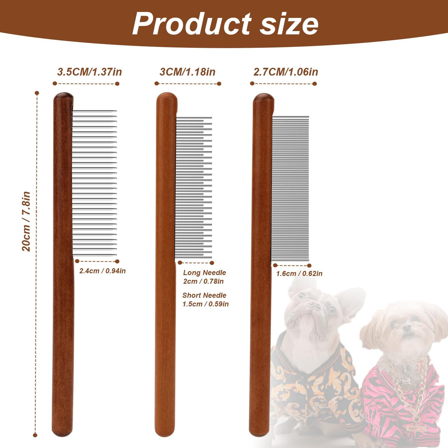 3Pcs Grooming Comb for Pets, Solid Wood Cat Combs with Wide & Narrow Rounded-Tip Teeth Pet Hair Comb Metal Flea Lice Comb for Cats Dogs Rabbits Tangled Hair (3 Sizes) image number 6