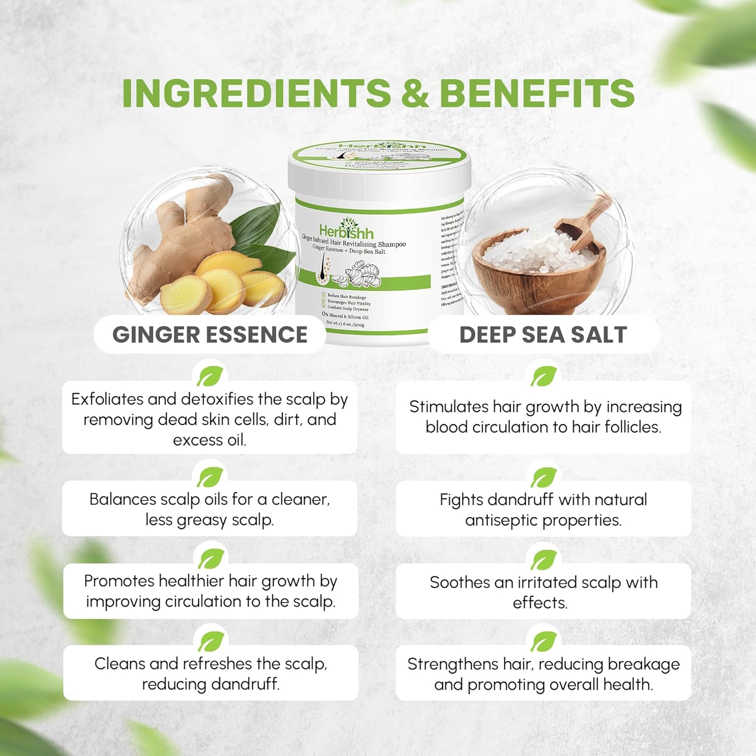 Herbishh Ginger Hair Revitalizing Shampoo Jar with Deep Sea Salt &ndash; anti Dandruff Shampoo for Weak, Brittle Hair & Dry Scalp &ndash; Boosts Hair Growth & Free from Mineral & Silicon Oil, 500 G/17.6 Oz