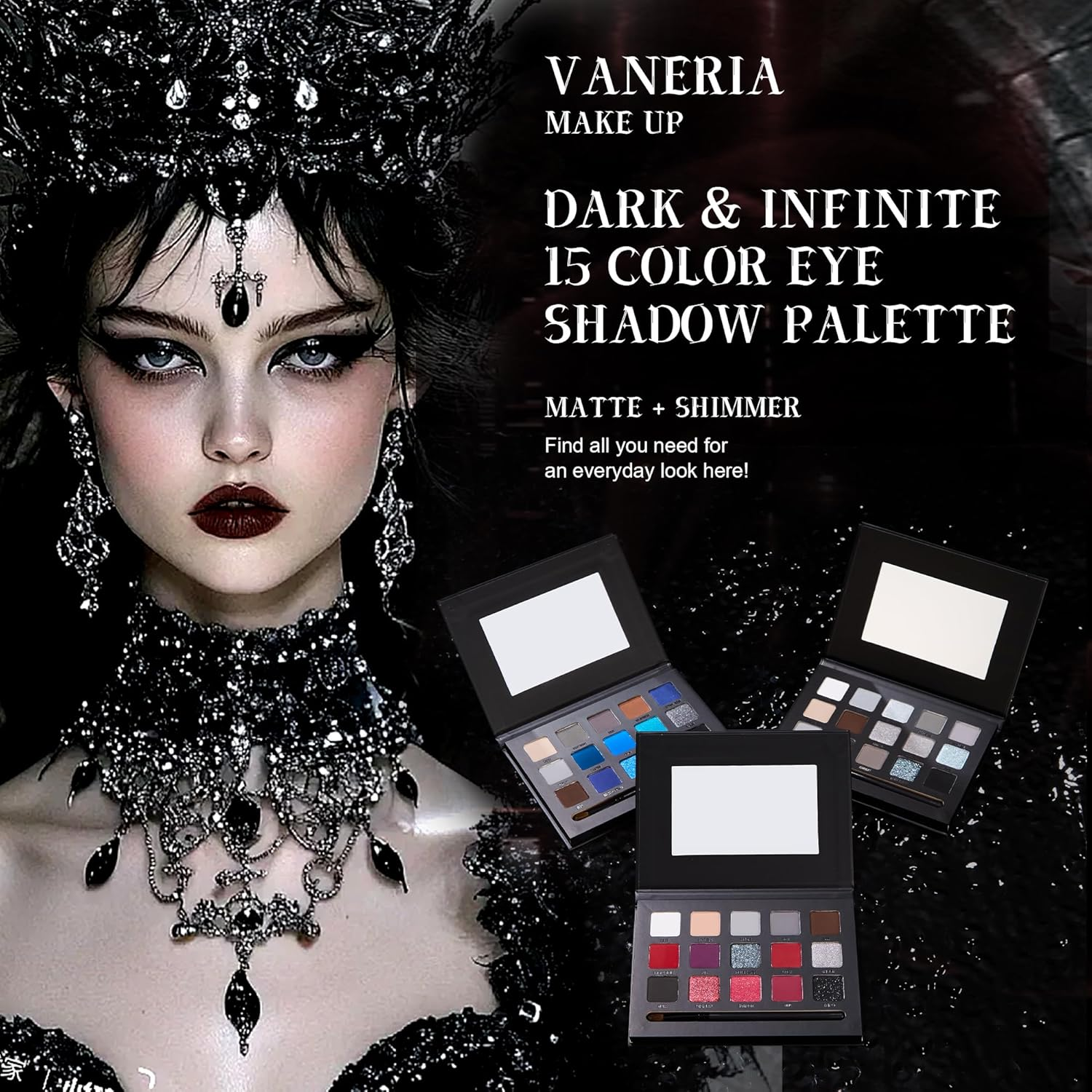 VANERIA Black Smokey Eye Shadow Palette,15 Colors Matte Glitter Metalli Eyeshadow Palette,Long Lasting Waterproof Pallete (Goth Red) image number 3