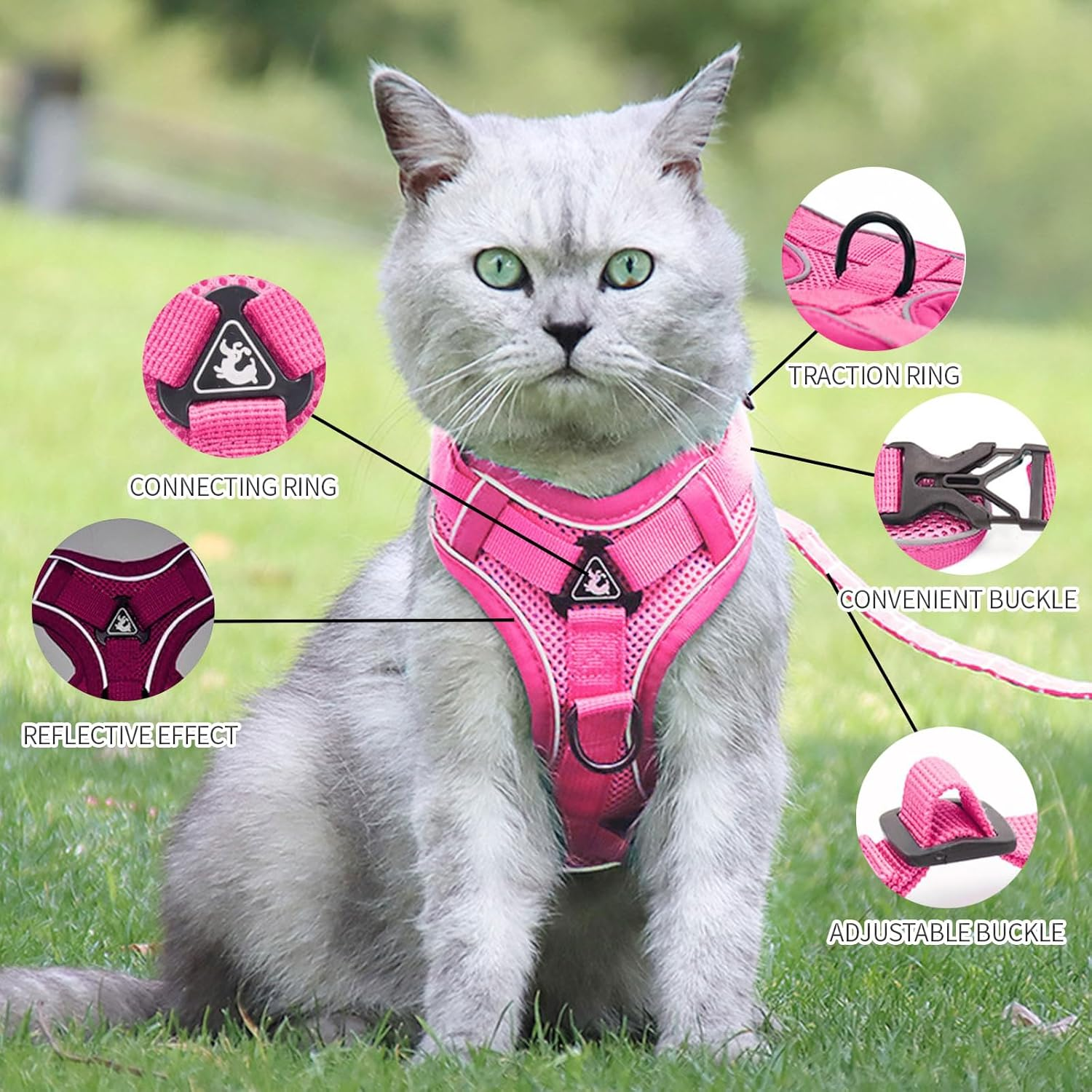 Cat Harness and Leash Set for Walking, Adjusted in 4 Directions Escape Proof Cat Harness Vest, Kitten Harness with Reflective Strip for Cats Kitten (Pink, M)